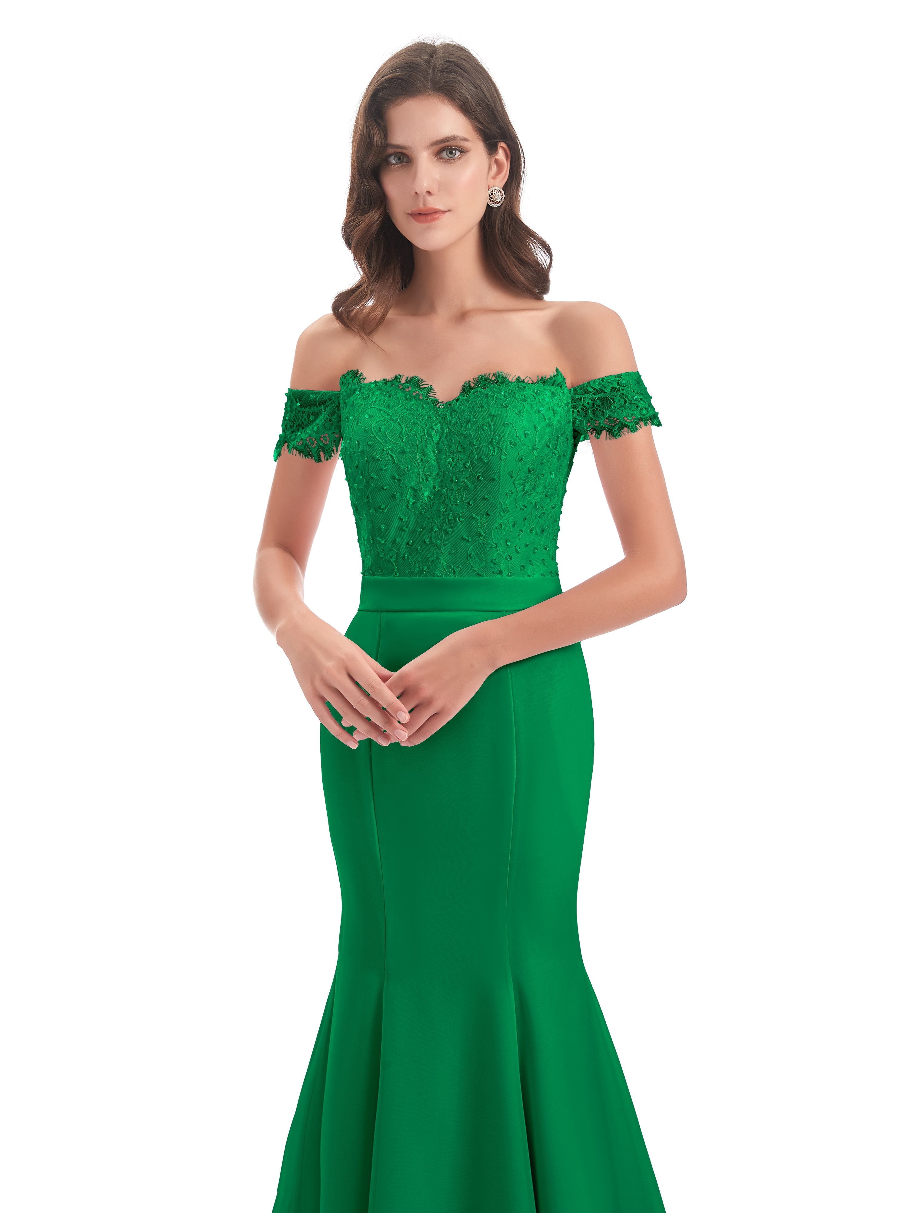 Robes De Demoiselle D'Honneur Vert Émeraude Carlee Sirène Traîne Tribunal Hors-La-Épaule Robes Demoiselle D'Honneur