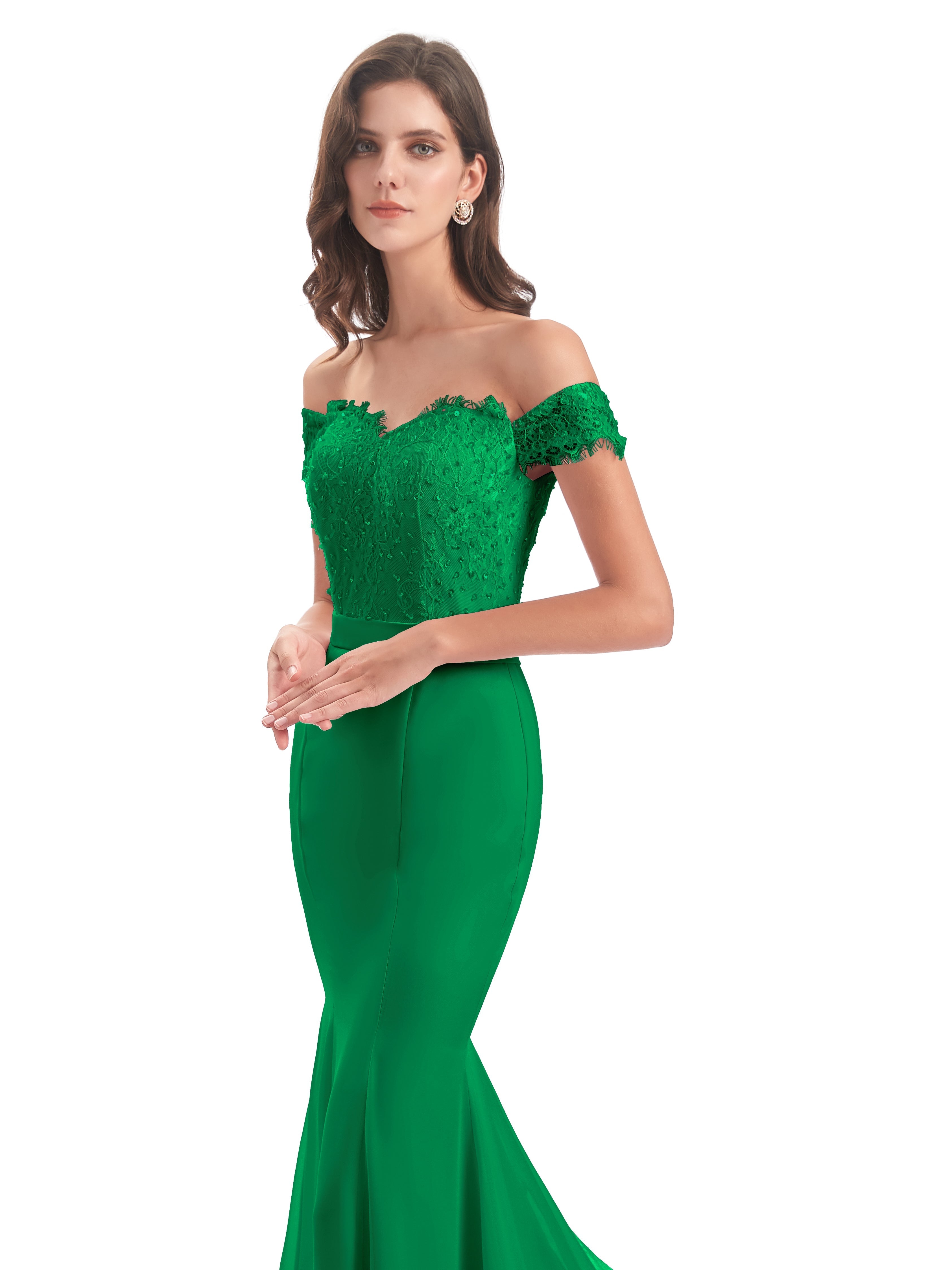 Robes De Demoiselle D'Honneur Vert Émeraude Carlee Sirène Traîne Tribunal Hors-La-Épaule Robes Demoiselle D'Honneur