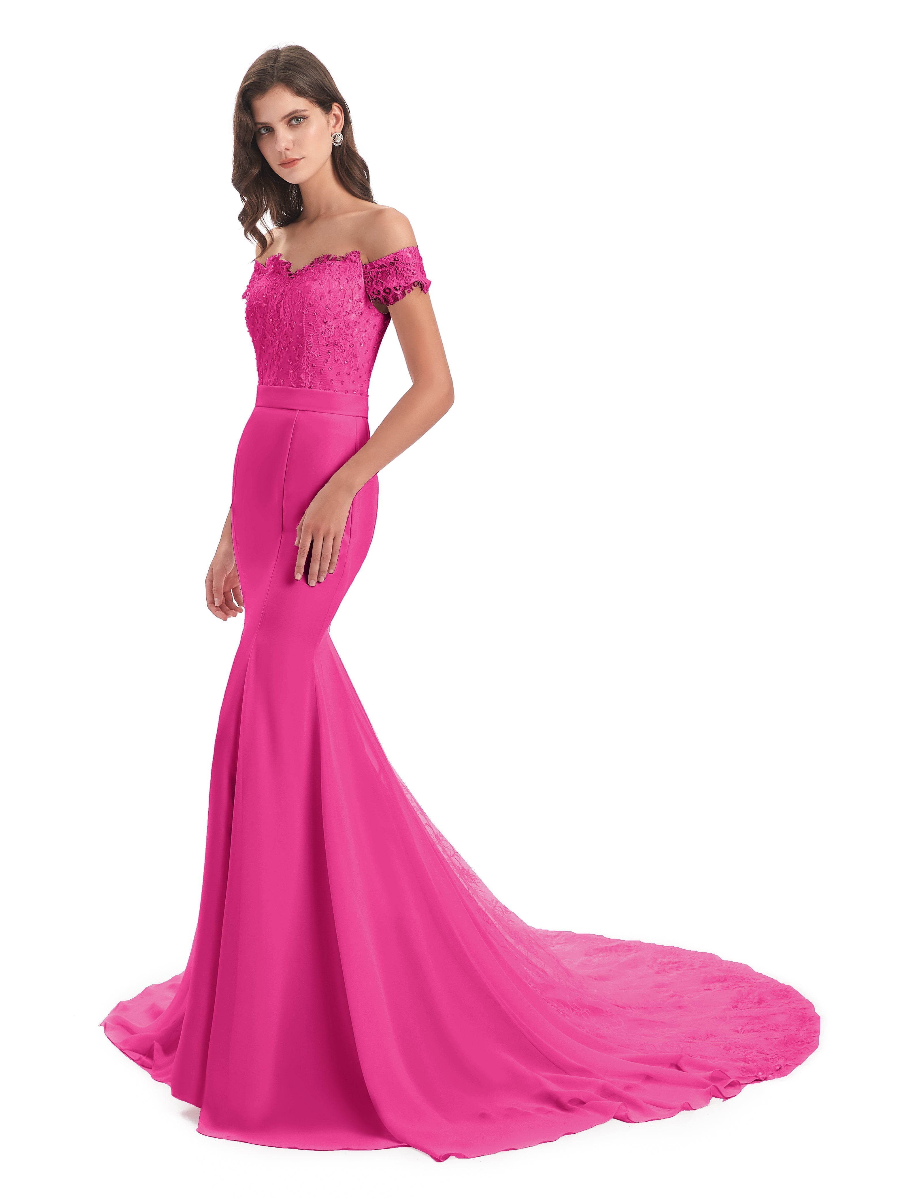Robes De Demoiselle D'Honneur Rose Fuchsia Couleur Carlee Sirène Traîne Tribunal Hors-La-Épaule Robes Demoiselle D'Honneur