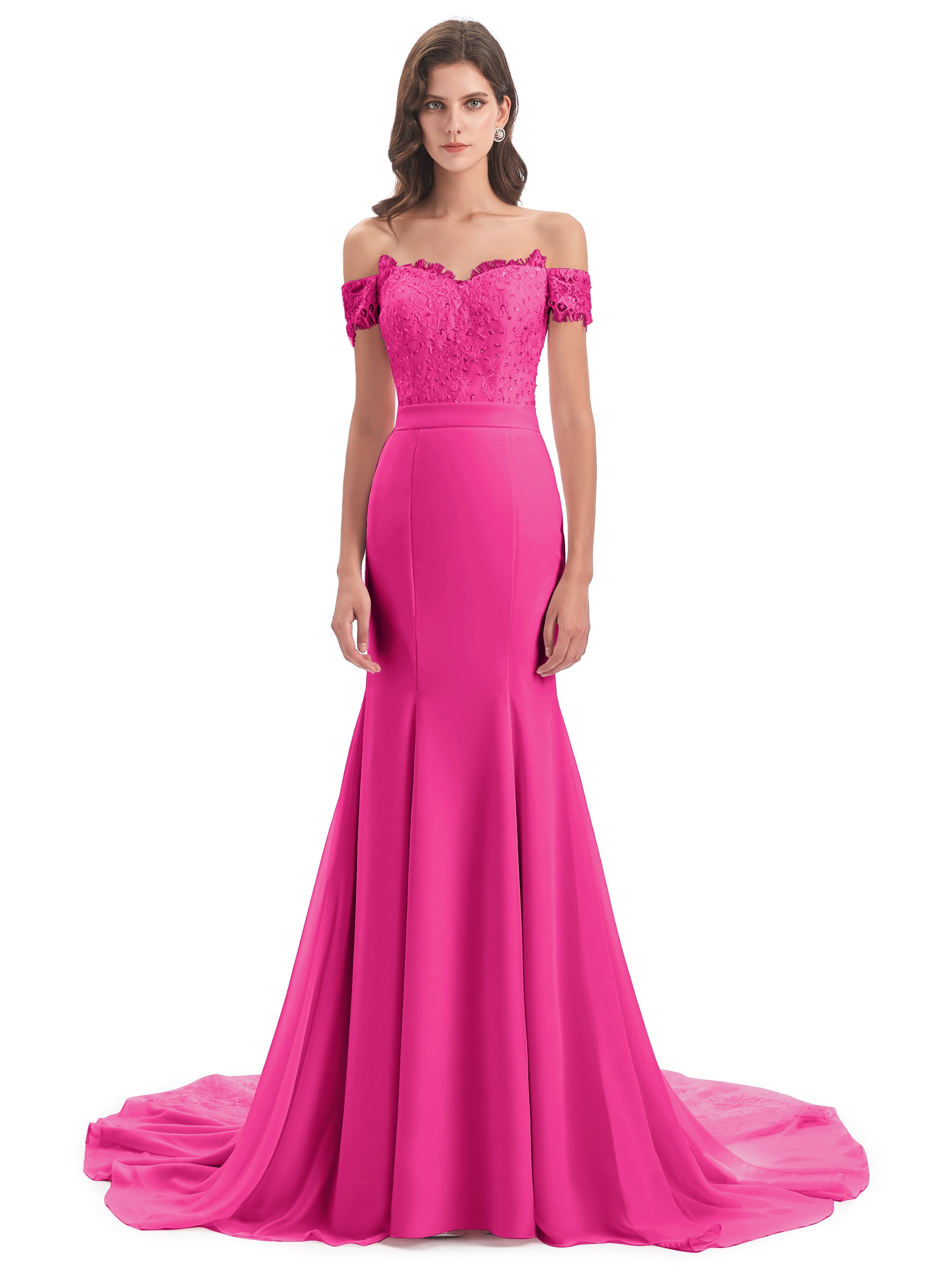 Robes De Demoiselle D'Honneur Rose Fuchsia Couleur Carlee Sirène Traîne Tribunal Hors-La-Épaule Robes Demoiselle D'Honneur