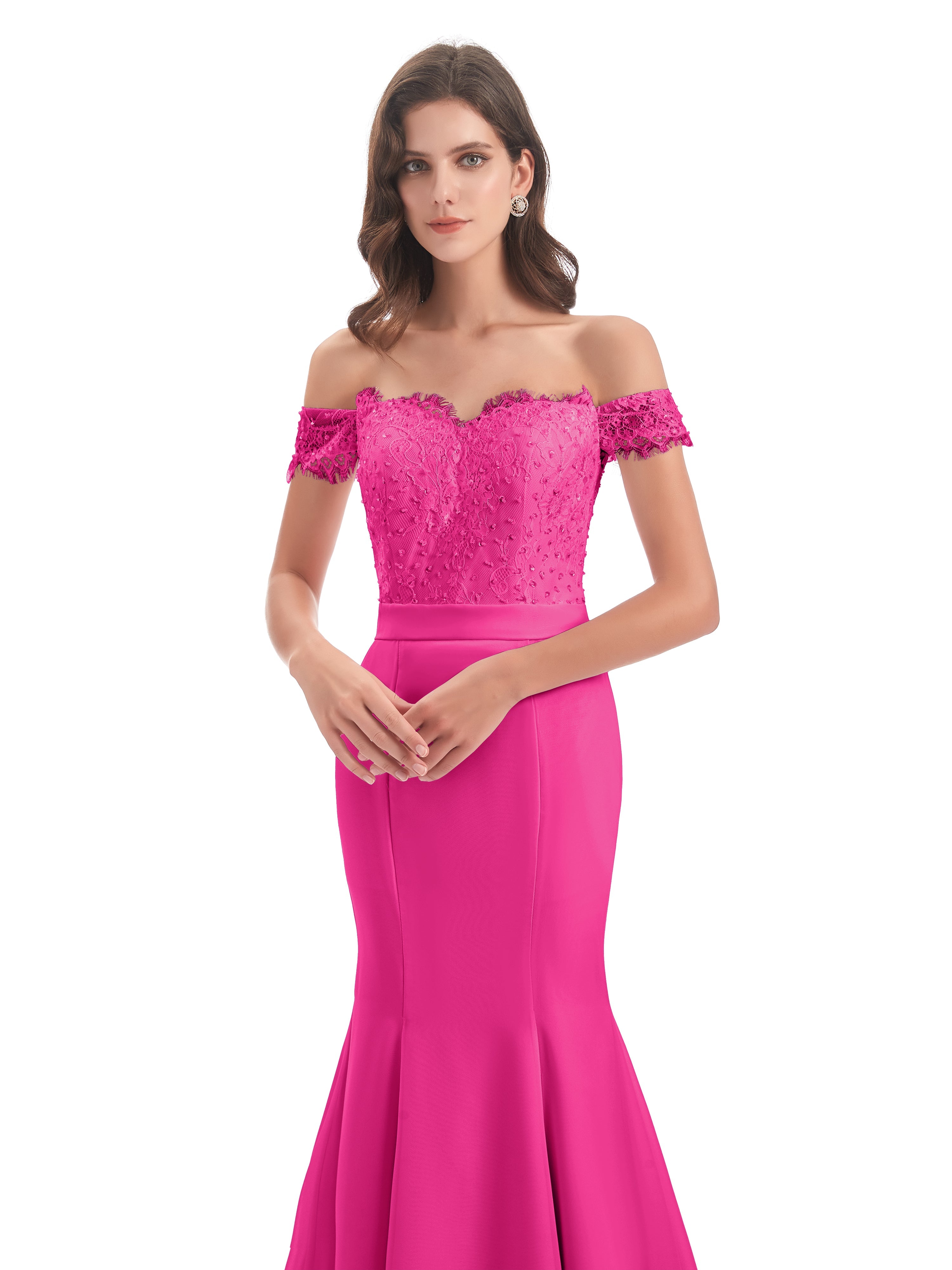 Robes De Demoiselle D'Honneur Rose Fuchsia Couleur Carlee Sirène Traîne Tribunal Hors-La-Épaule Robes Demoiselle D'Honneur