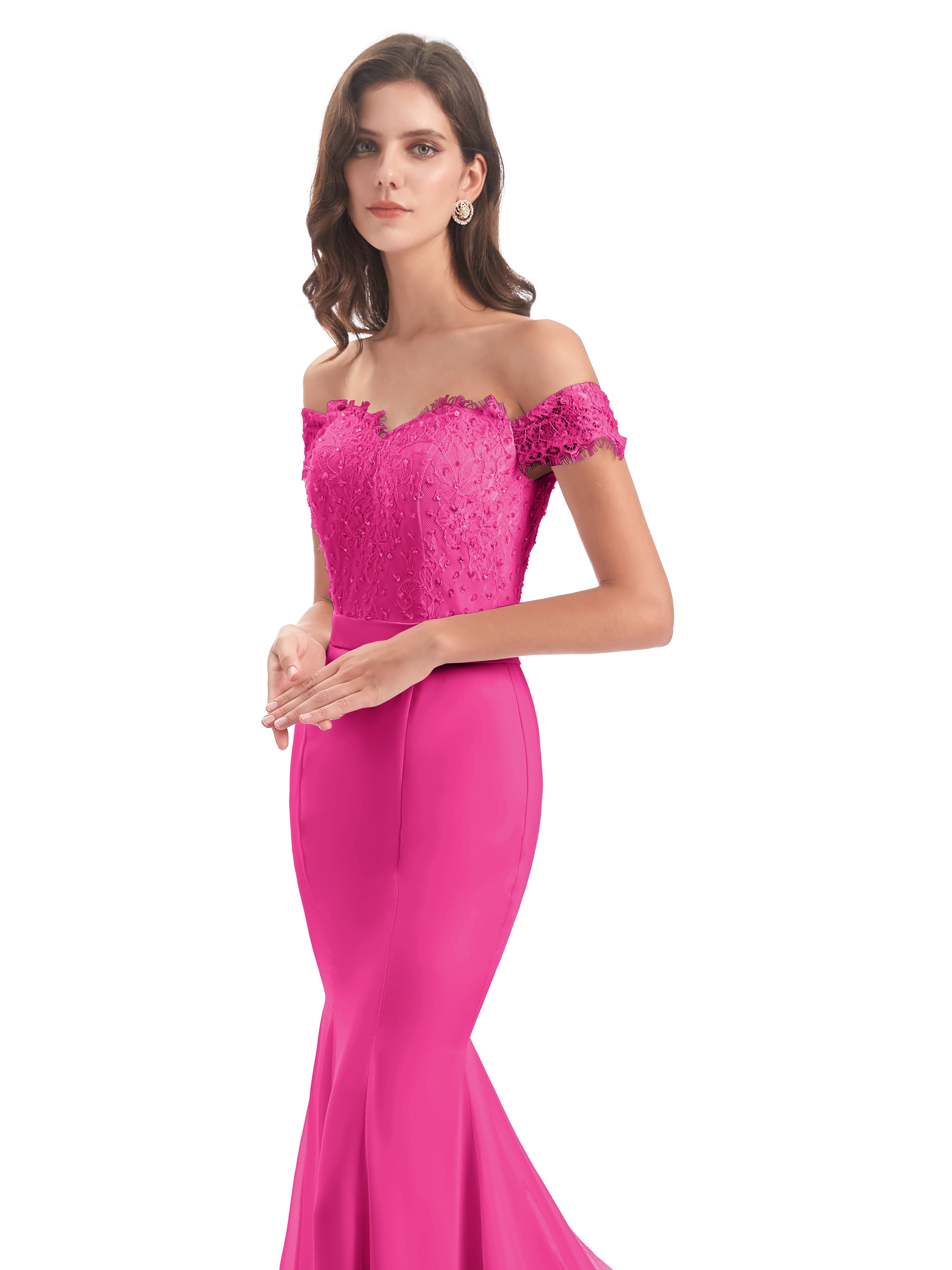 Robes De Demoiselle D'Honneur Rose Fuchsia Couleur Carlee Sirène Traîne Tribunal Hors-La-Épaule Robes Demoiselle D'Honneur