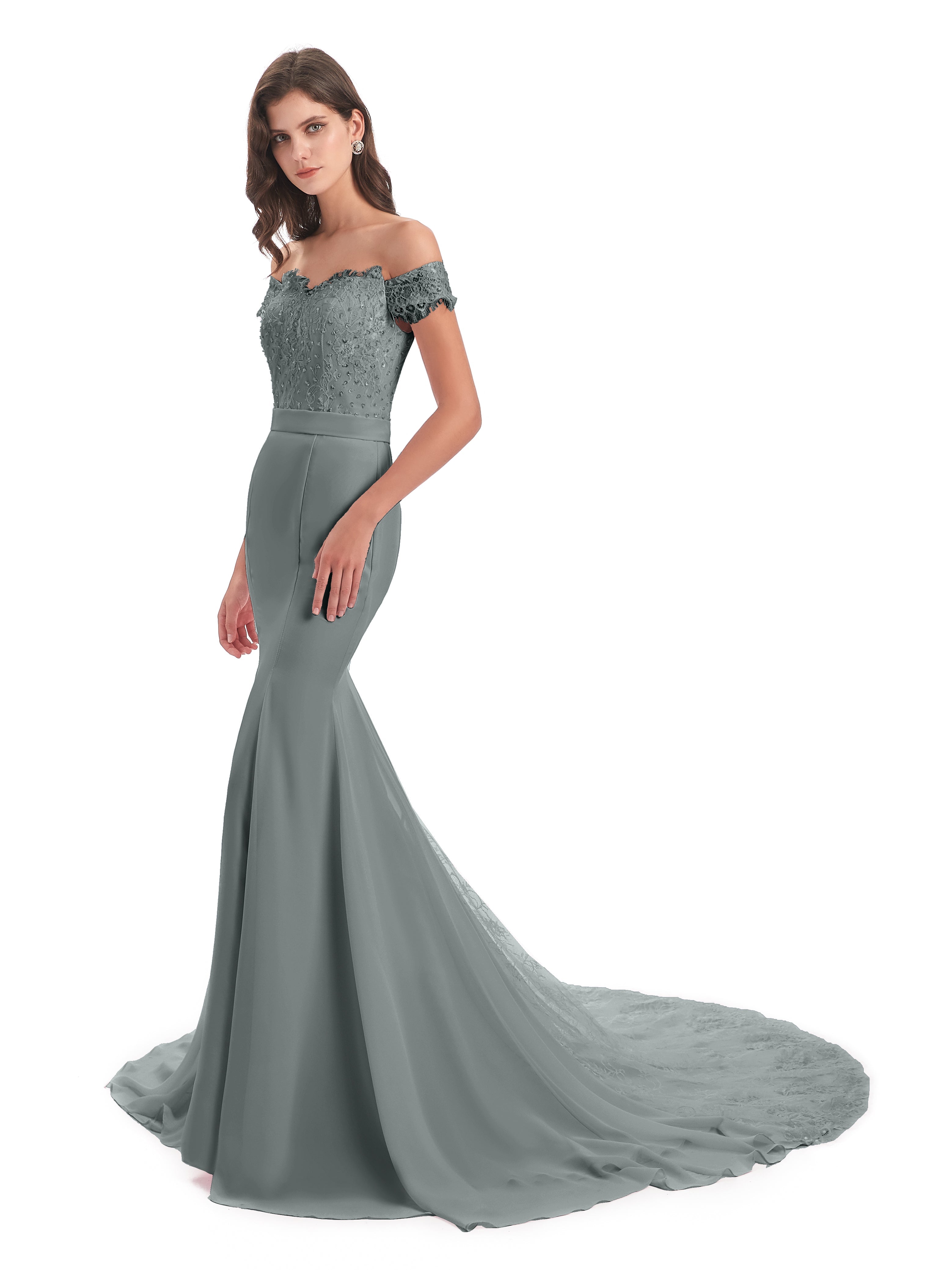 Robe Grise Demoiselle D Honneur Carlee Sirène Traîne Tribunal Hors-La-Épaule Robes Demoiselle D'Honneur