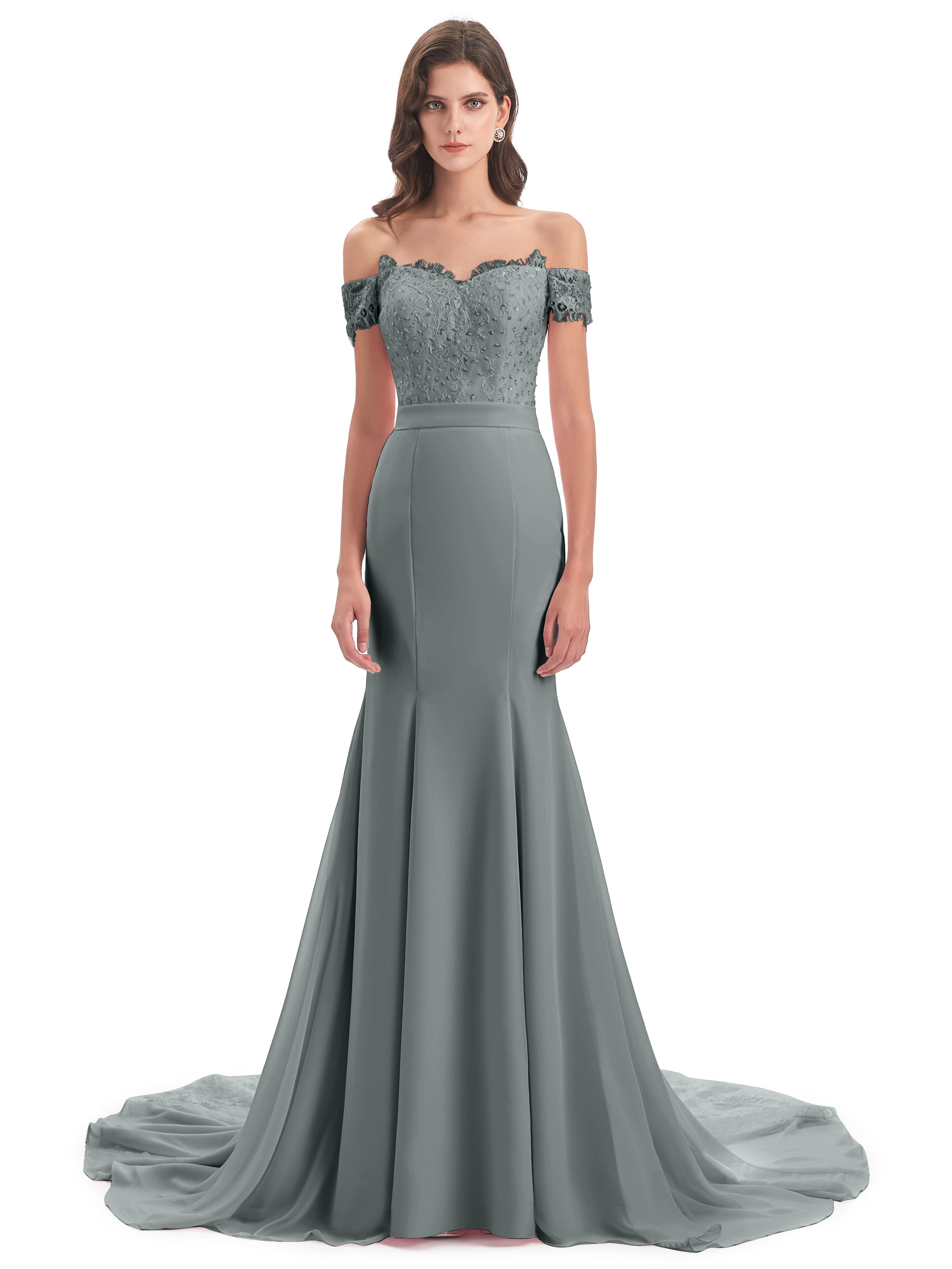 Robe Grise Demoiselle D Honneur Carlee Sirène Traîne Tribunal Hors-La-Épaule Robes Demoiselle D'Honneur