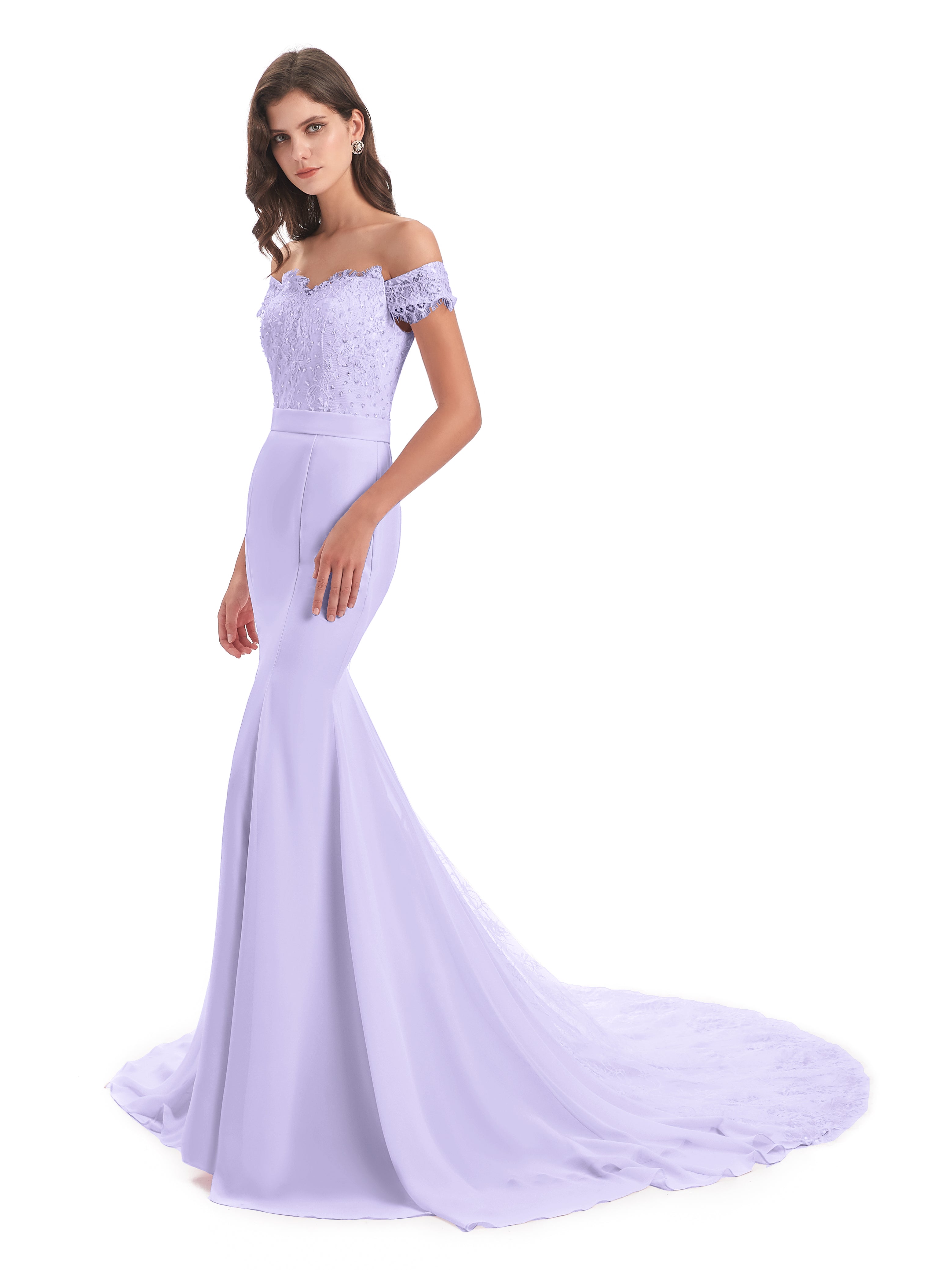 Robe Lilas Demoiselle D Honneur Carlee Sirène Traîne Tribunal Hors-La-Épaule Robes Demoiselle D'Honneur