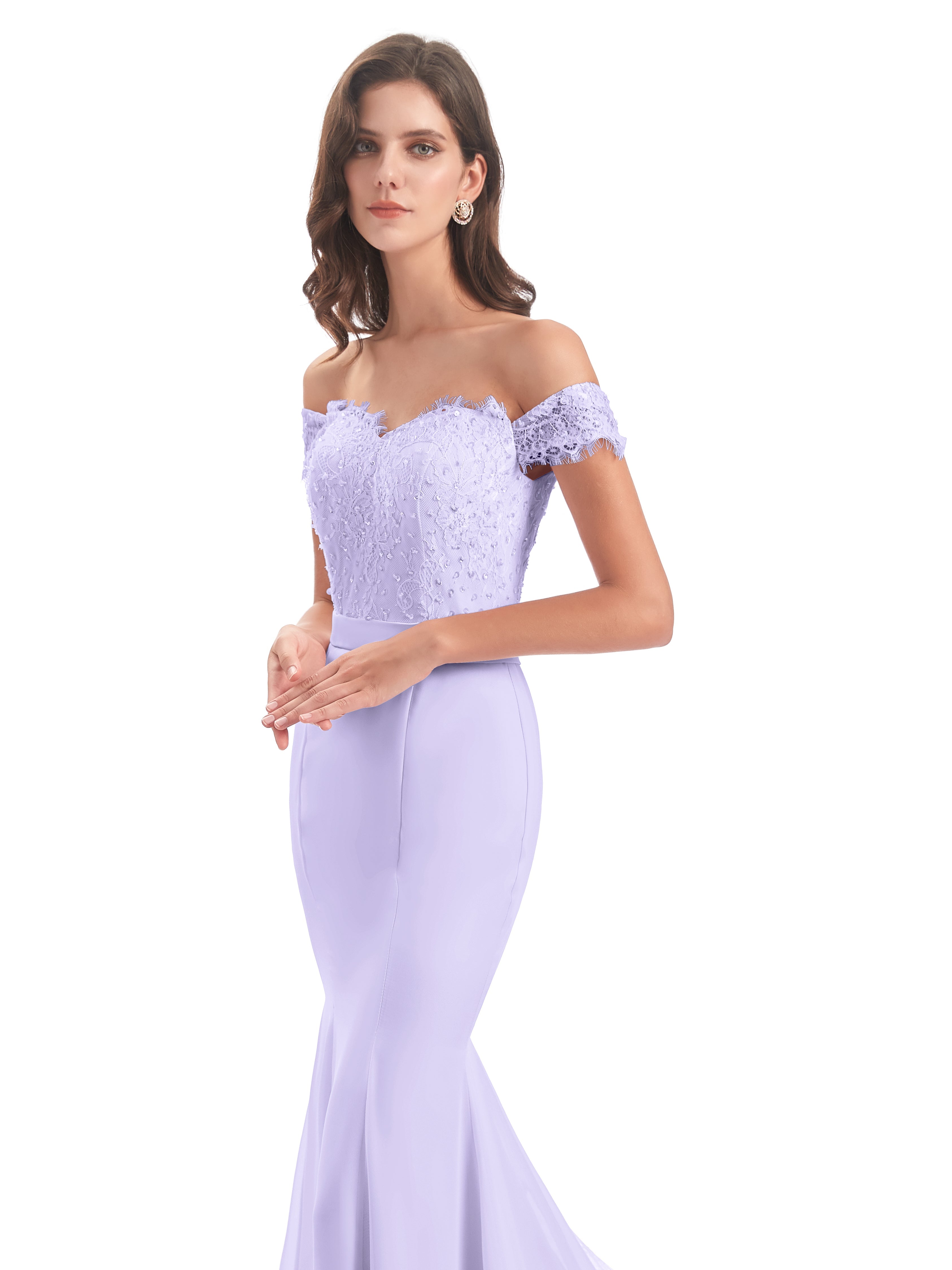Robe Lilas Demoiselle D Honneur Carlee Sirène Traîne Tribunal Hors-La-Épaule Robes Demoiselle D'Honneur