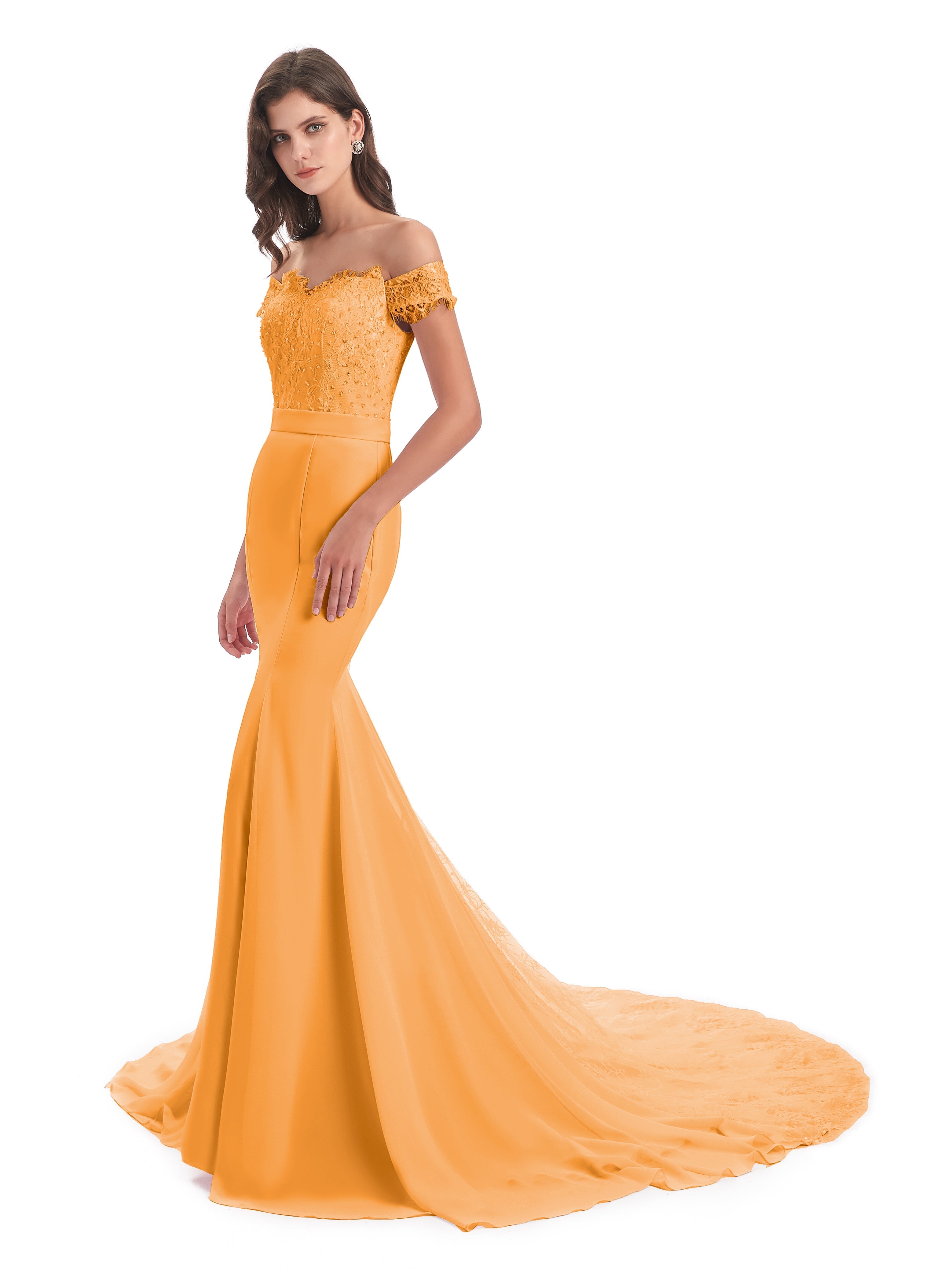 Robes De Demoiselle D'Honneur Mandarine Carlee Sirène Traîne Tribunal Hors-La-Épaule Robes Demoiselle D'Honneur