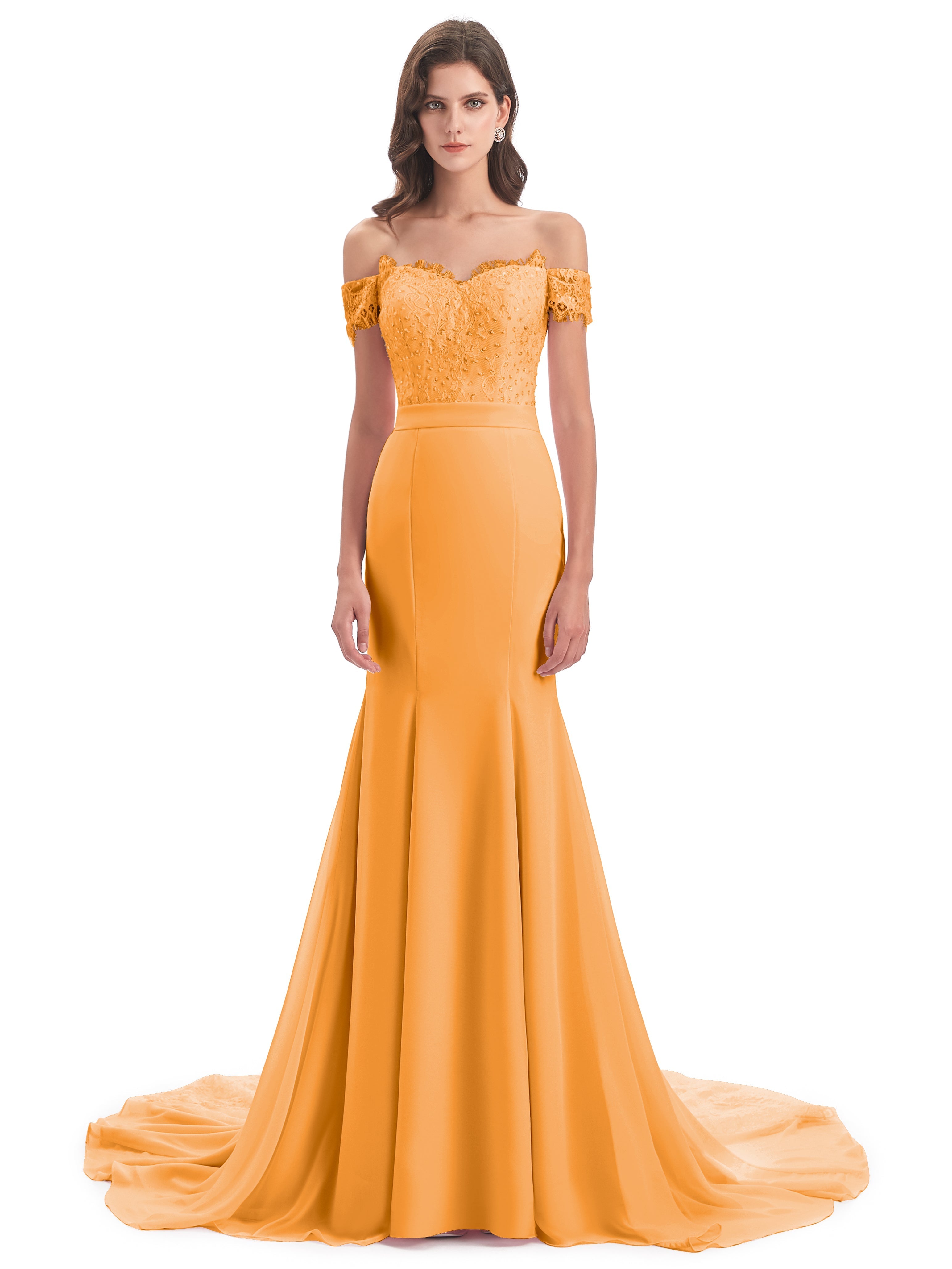 Robes De Demoiselle D'Honneur Mandarine Carlee Sirène Traîne Tribunal Hors-La-Épaule Robes Demoiselle D'Honneur