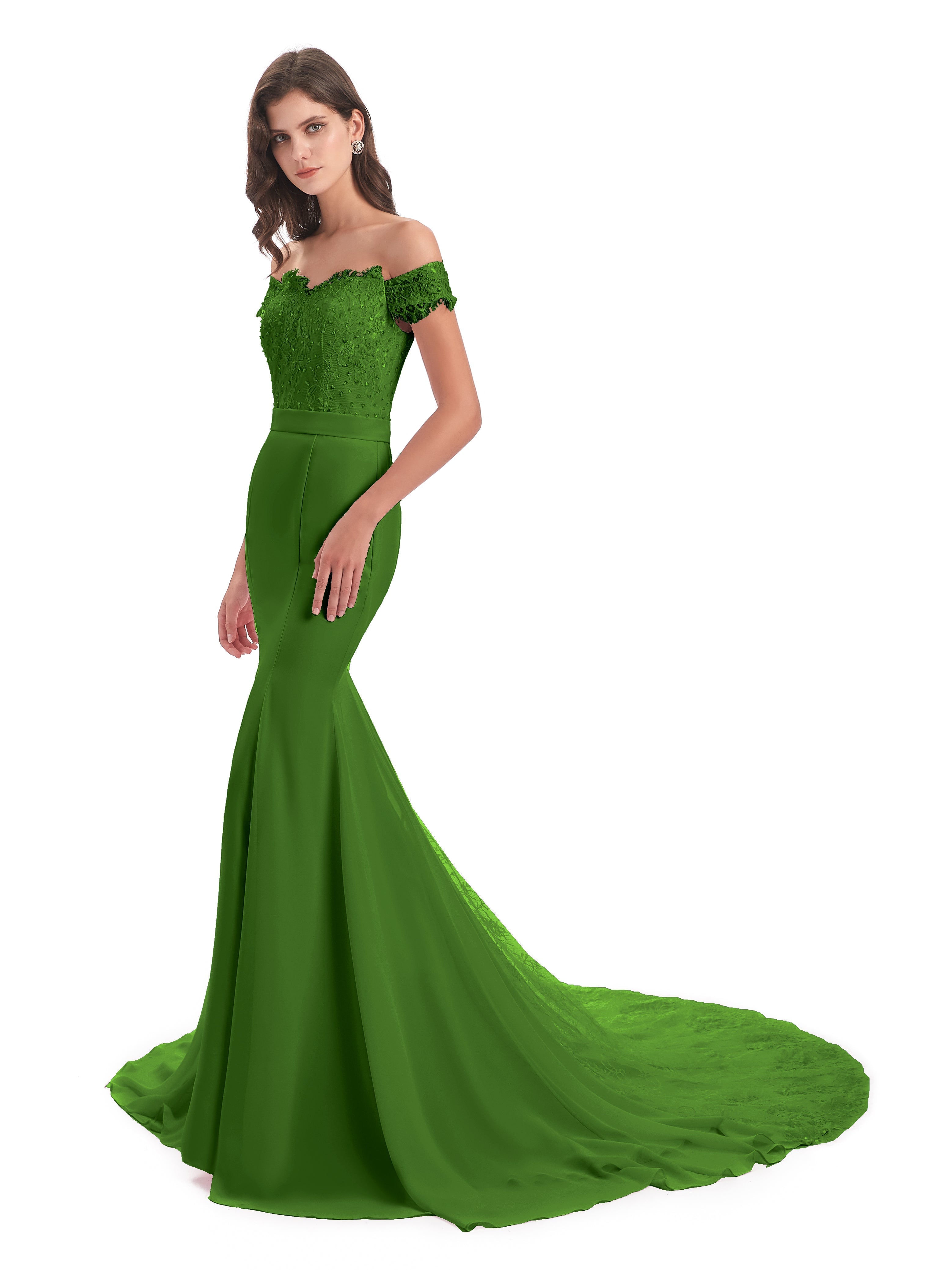 Robes De Demoiselle D'Honneur Vert Mousse Carlee Sirène Traîne Tribunal Hors-La-Épaule Robes Demoiselle D'Honneur