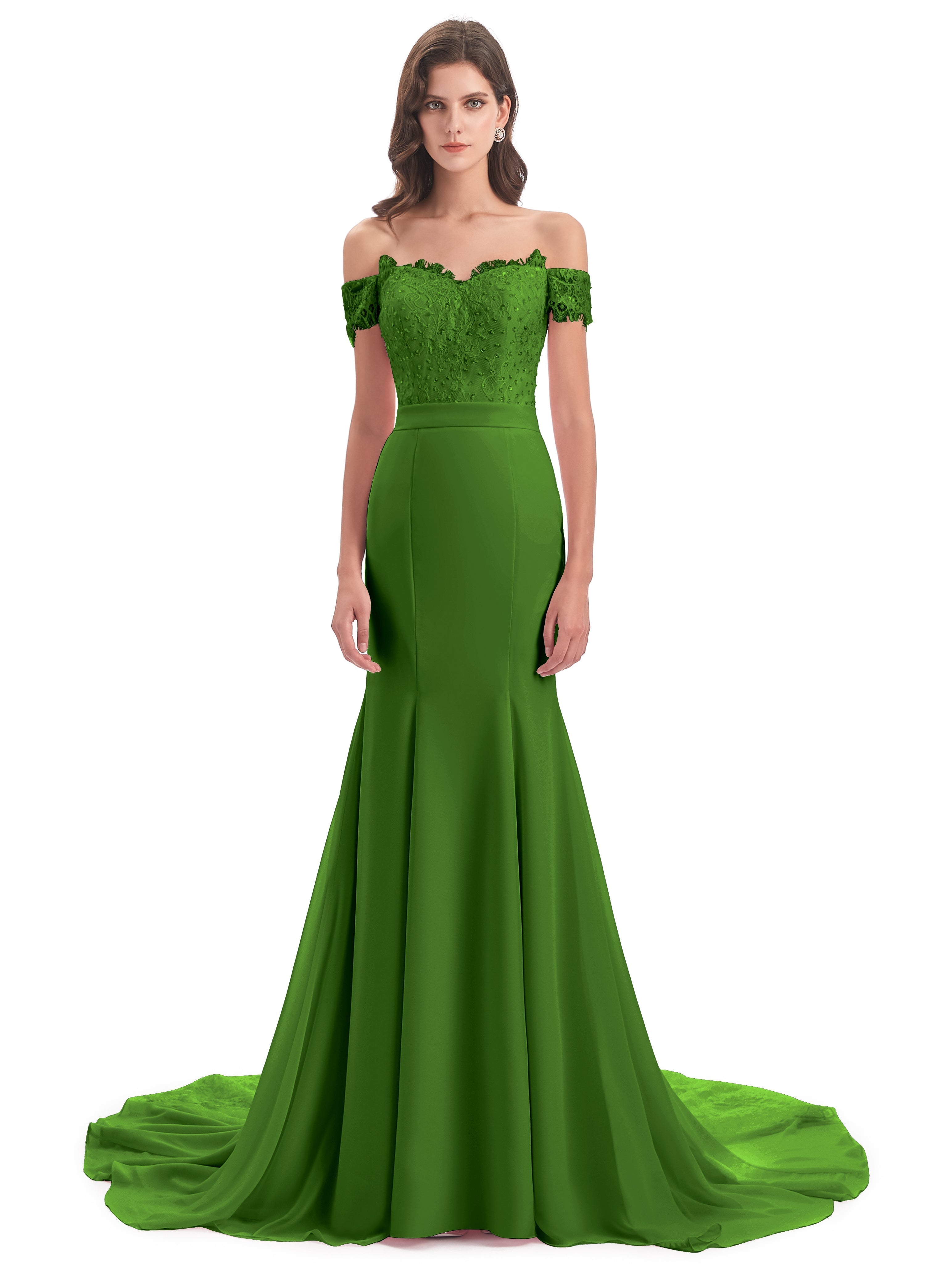 Robes De Demoiselle D'Honneur Vert Mousse Carlee Sirène Traîne Tribunal Hors-La-Épaule Robes Demoiselle D'Honneur