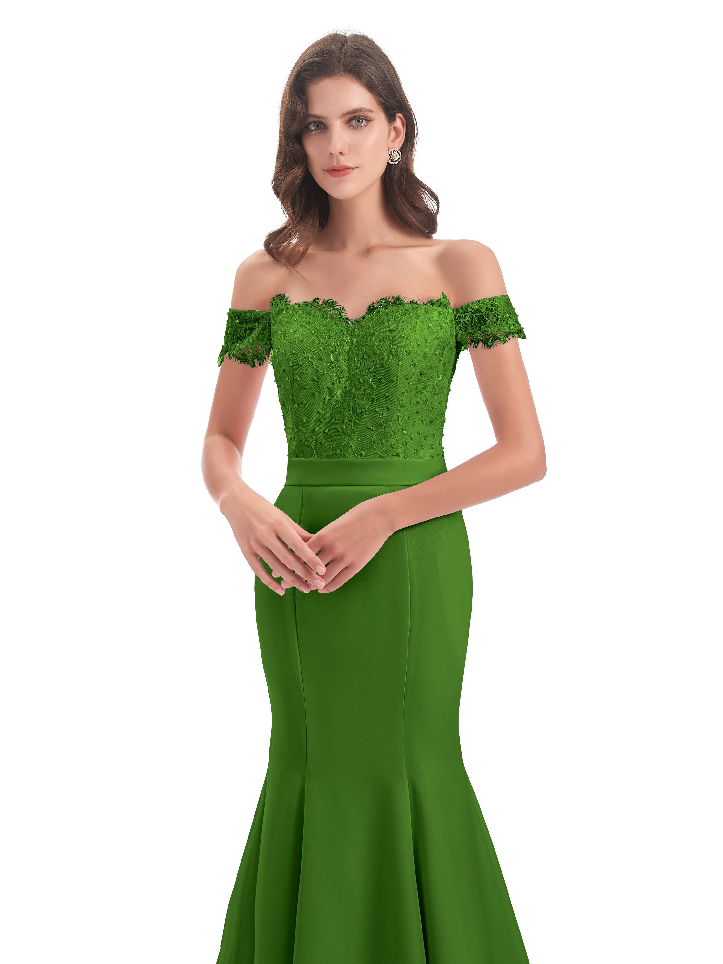 Robes De Demoiselle D'Honneur Vert Mousse Carlee Sirène Traîne Tribunal Hors-La-Épaule Robes Demoiselle D'Honneur