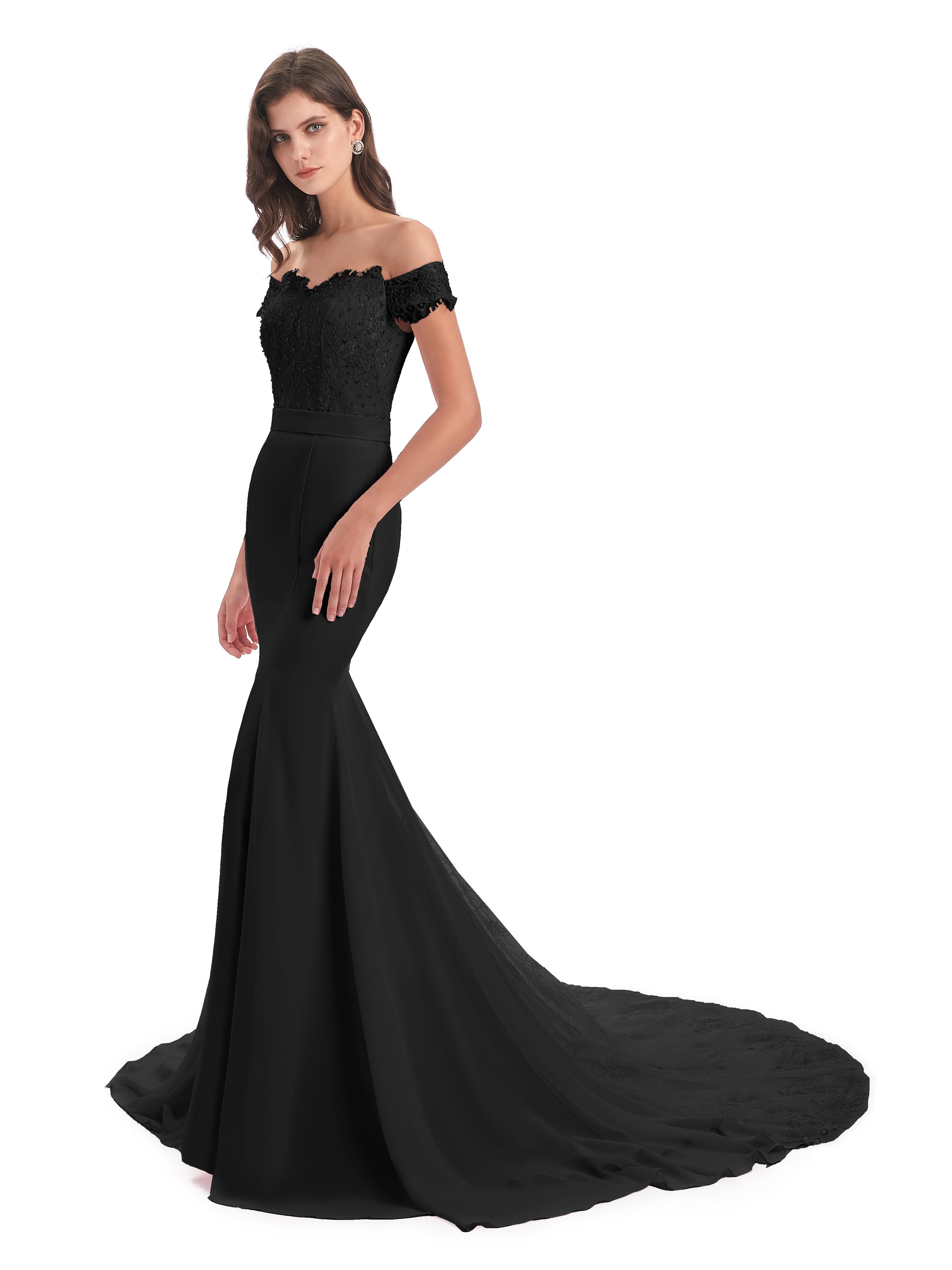 Longues Robes De Demoiselle D'Honneur Noires Sirène Traîne Tribunal Hors-La-Épaule Robes Demoiselle D'Honneur