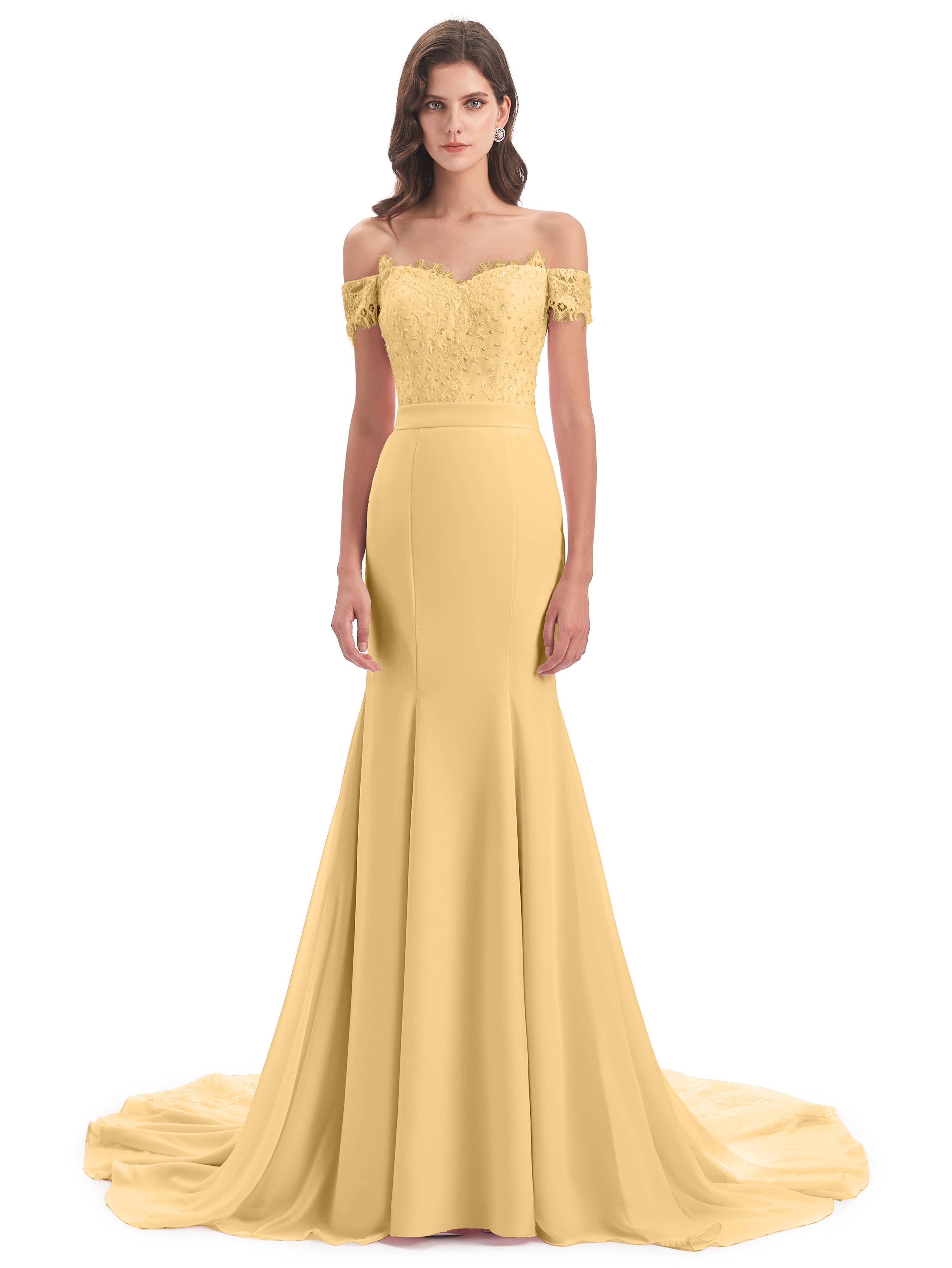 Robes De Demoiselle D'Honneur Courtes En Or Carlee Sirène Traîne Tribunal Hors-La-Épaule Robes Demoiselle D'Honneur