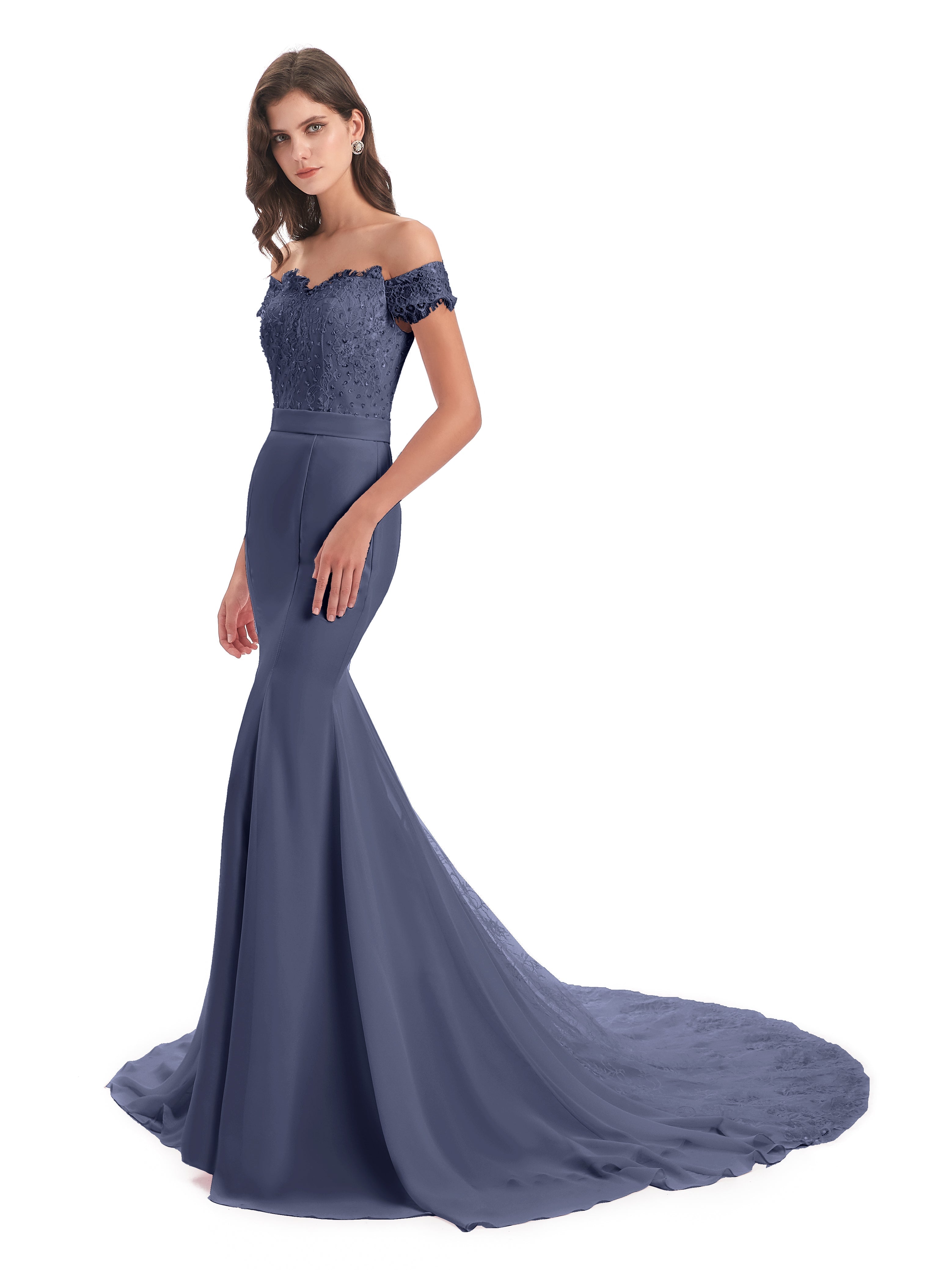 Robes De Demoiselle D'Honneur Bleu Orageux Carlee Sirène Traîne Tribunal Hors-La-Épaule Robes Demoiselle D'Honneur