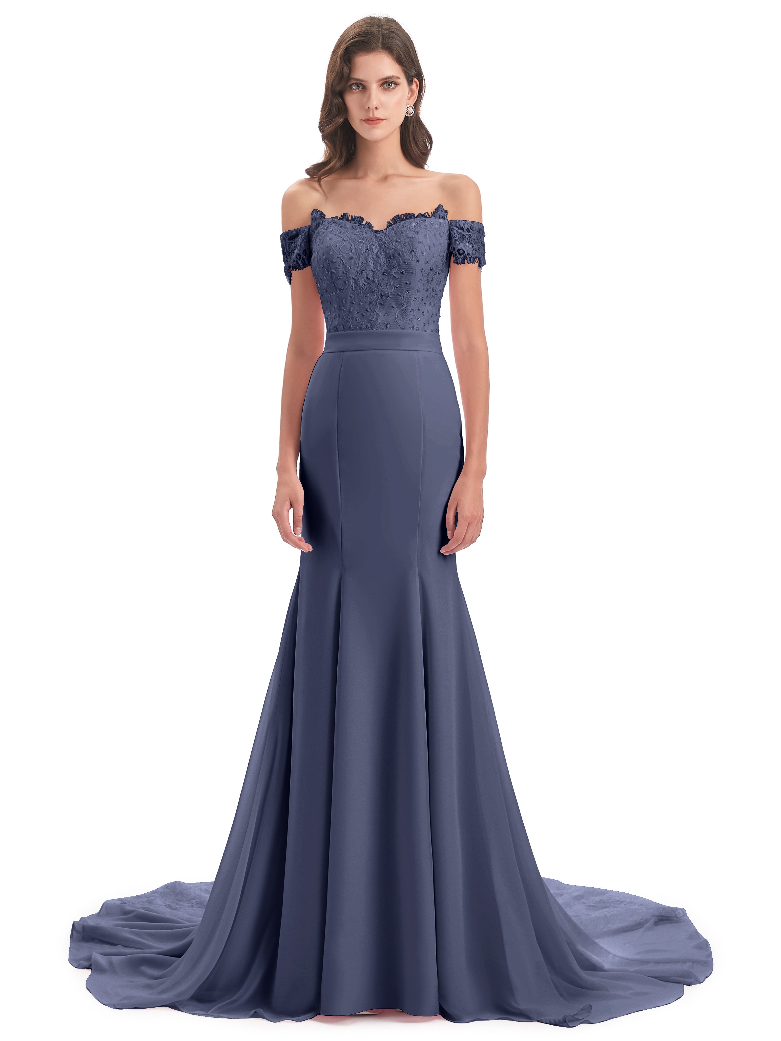 Robes De Demoiselle D'Honneur Bleu Orageux Carlee Sirène Traîne Tribunal Hors-La-Épaule Robes Demoiselle D'Honneur