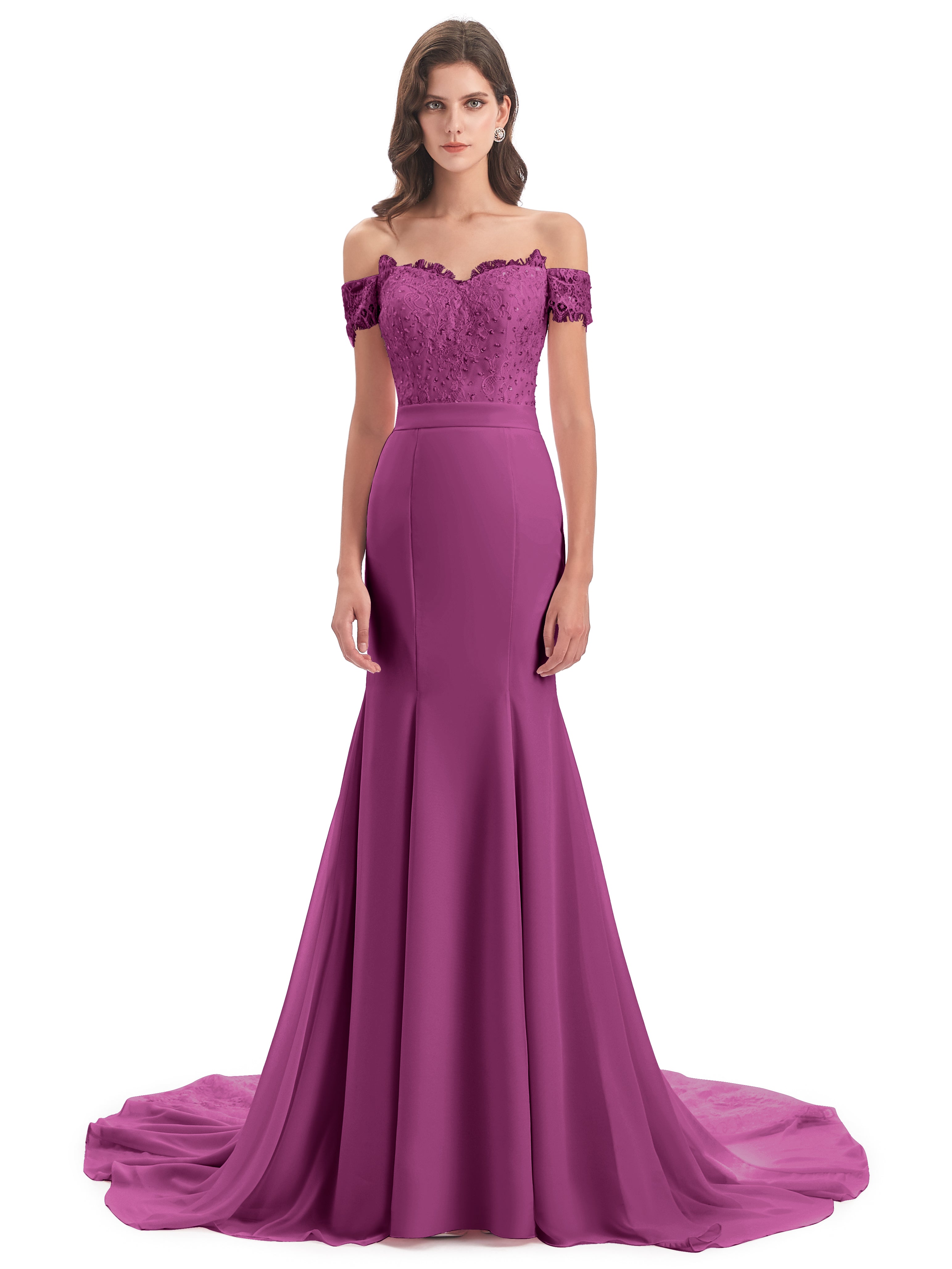 Robes De Demoiselle D'Honneur Orchidée Carlee Sirène Traîne Tribunal Hors-La-Épaule Robes Demoiselle D'Honneur