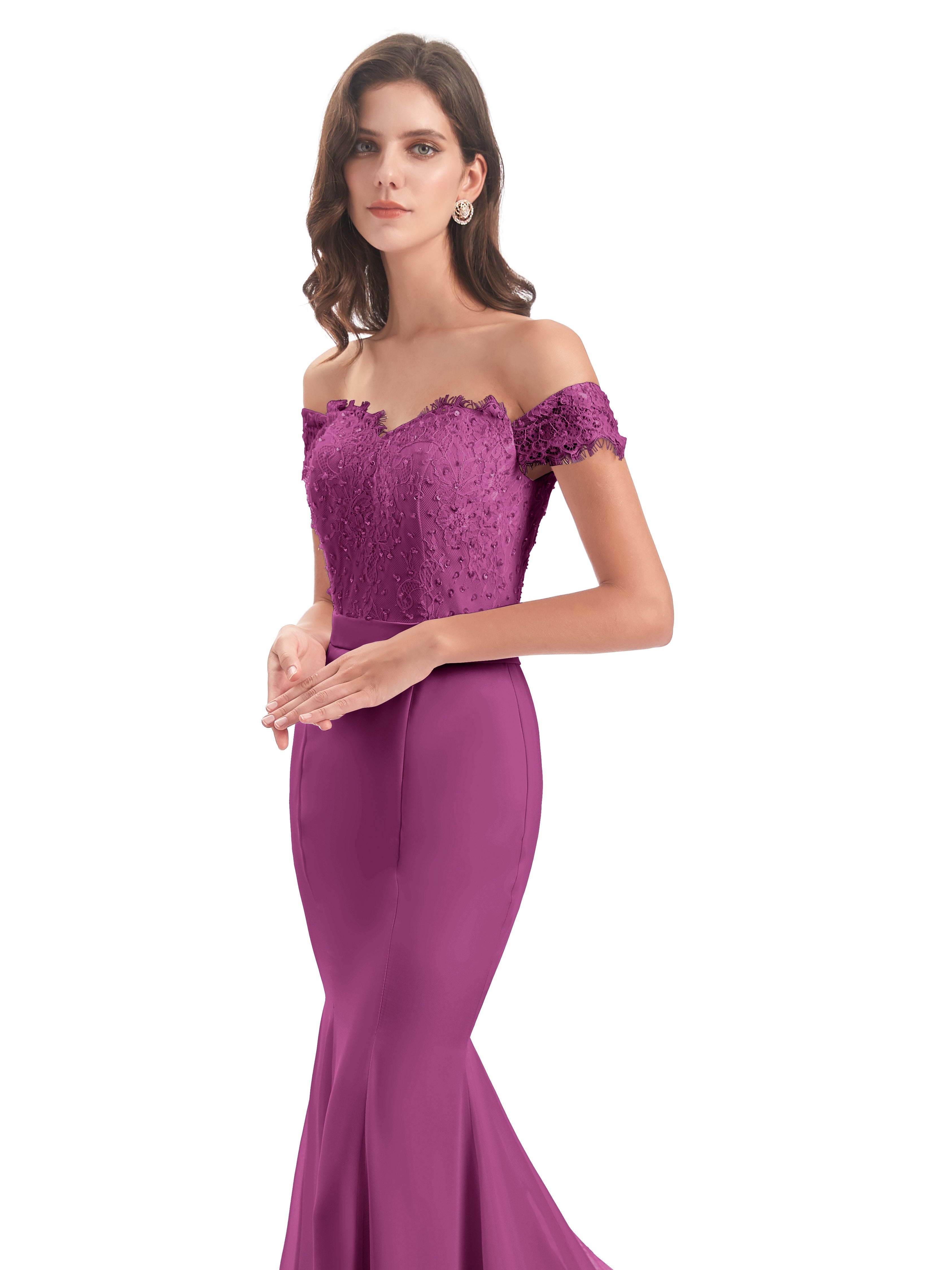 Robes De Demoiselle D'Honneur Orchidée Carlee Sirène Traîne Tribunal Hors-La-Épaule Robes Demoiselle D'Honneur