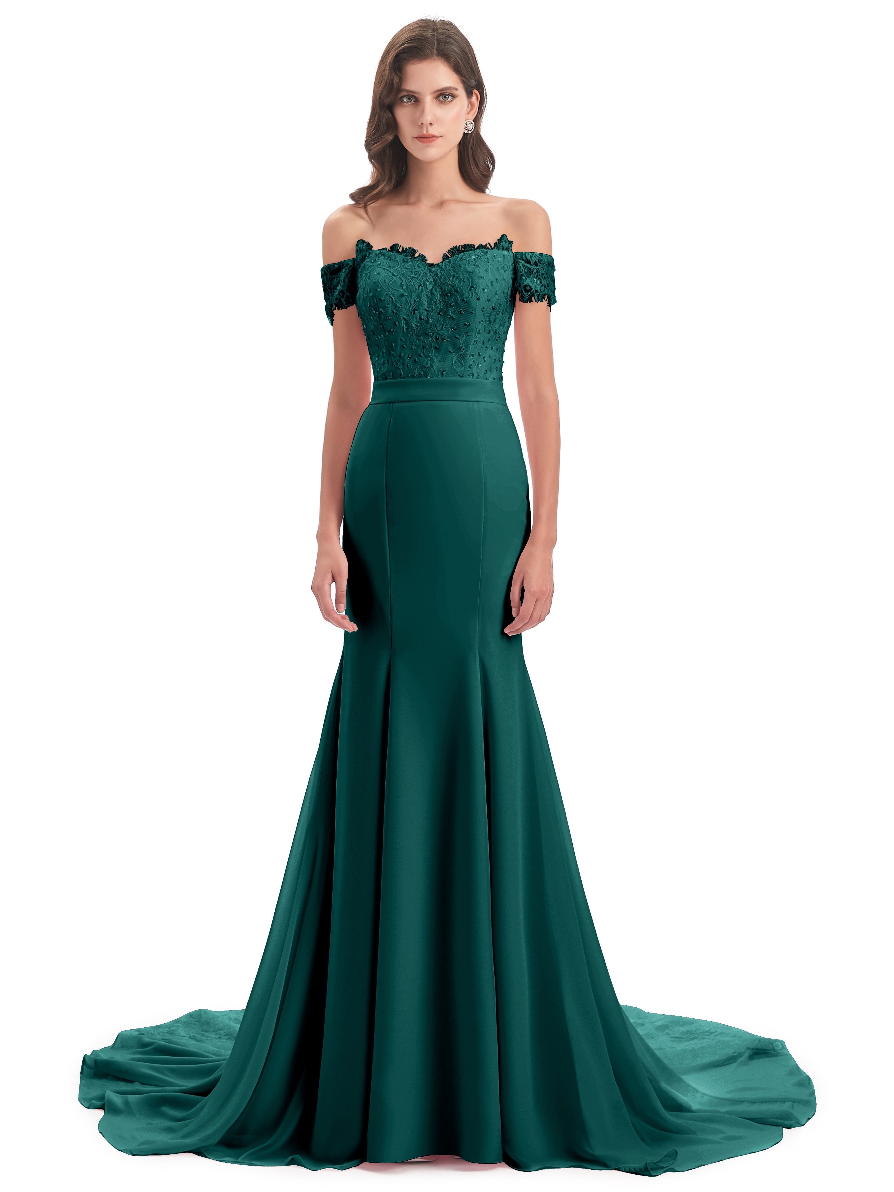 Robes De Demoiselle D'Honneur Paon Carlee Sirène Traîne Tribunal Hors-La-Épaule Robes Demoiselle D'Honneur