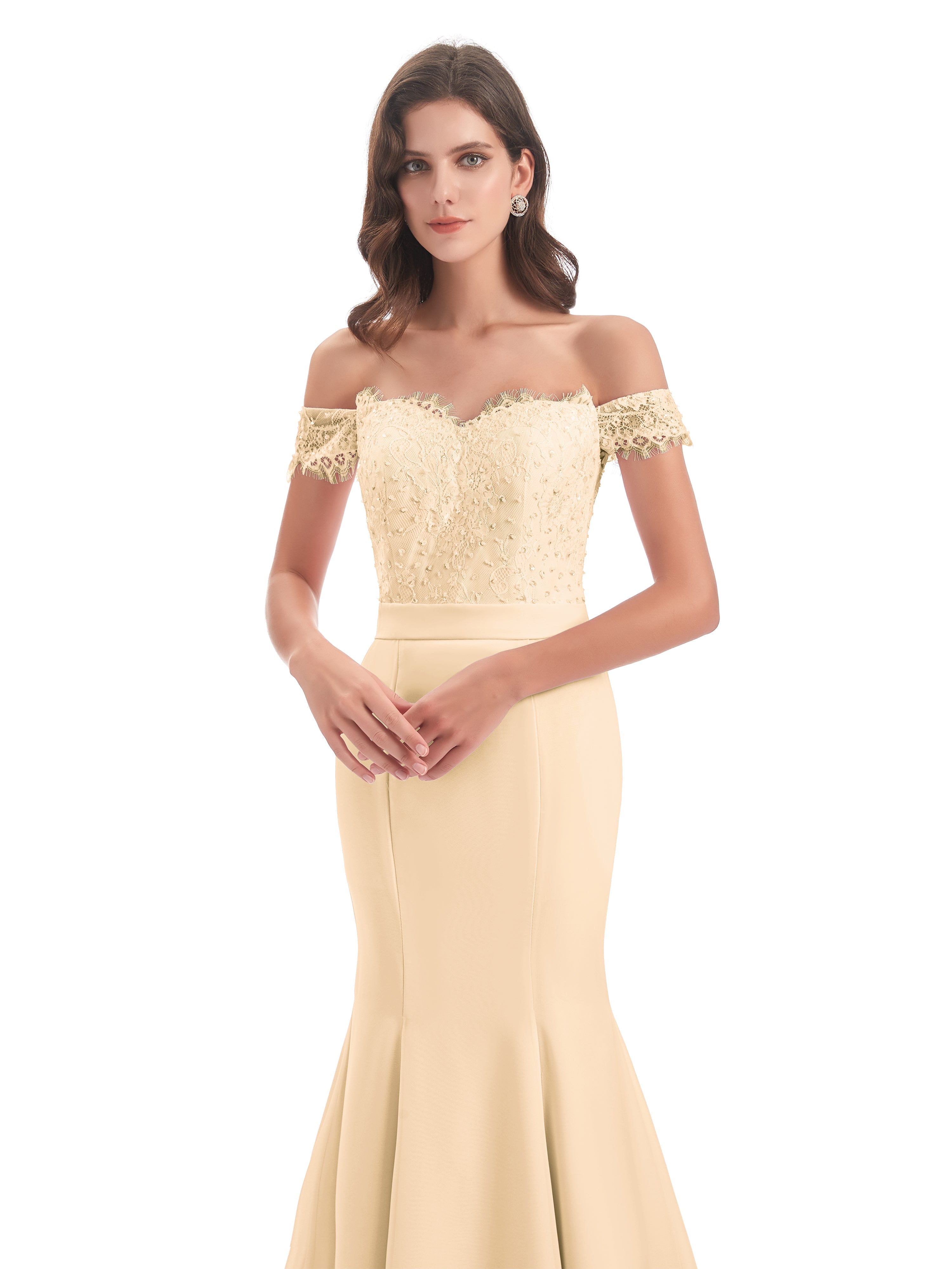 Robes De Demoiselle D'Honneur Rose Pêche Carlee Sirène Traîne Tribunal Hors-La-Épaule Robes Demoiselle D'Honneur