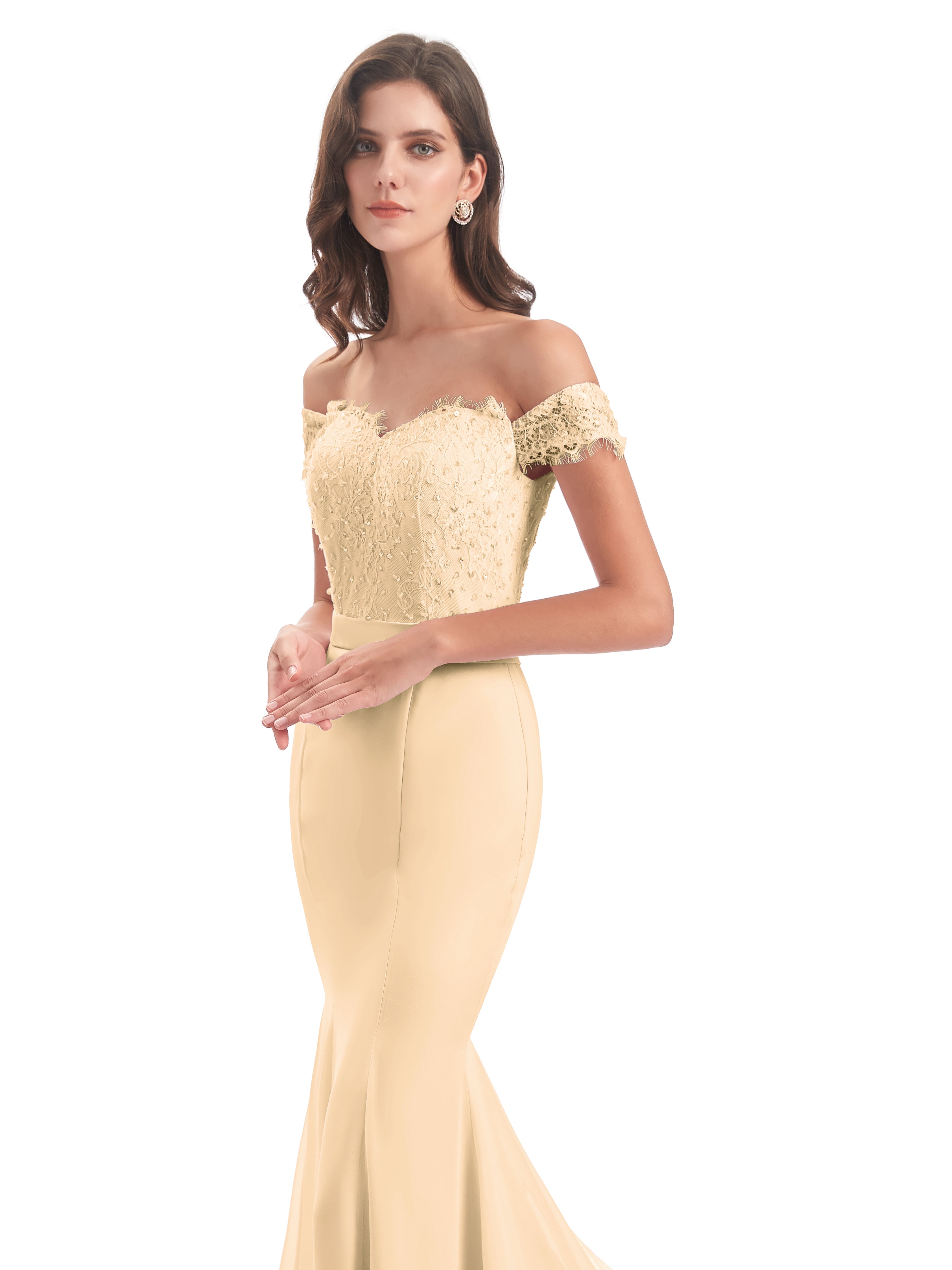 Robes De Demoiselle D'Honneur Rose Pêche Carlee Sirène Traîne Tribunal Hors-La-Épaule Robes Demoiselle D'Honneur