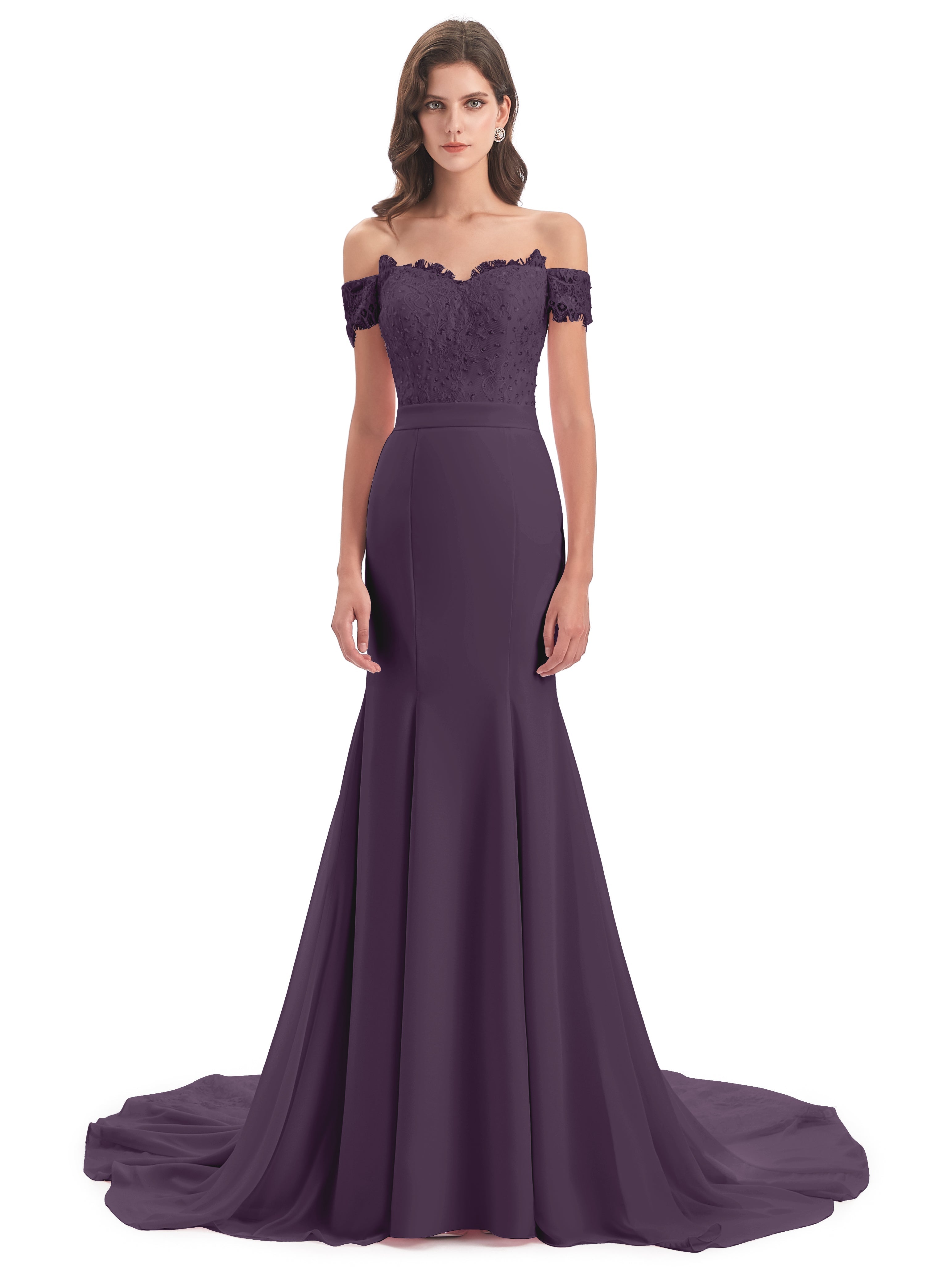 Robe De Demoiselle D'Honneur En Plum Carlee Sirène Traîne Tribunal Hors-La-Épaule Robes Demoiselle D'Honneur