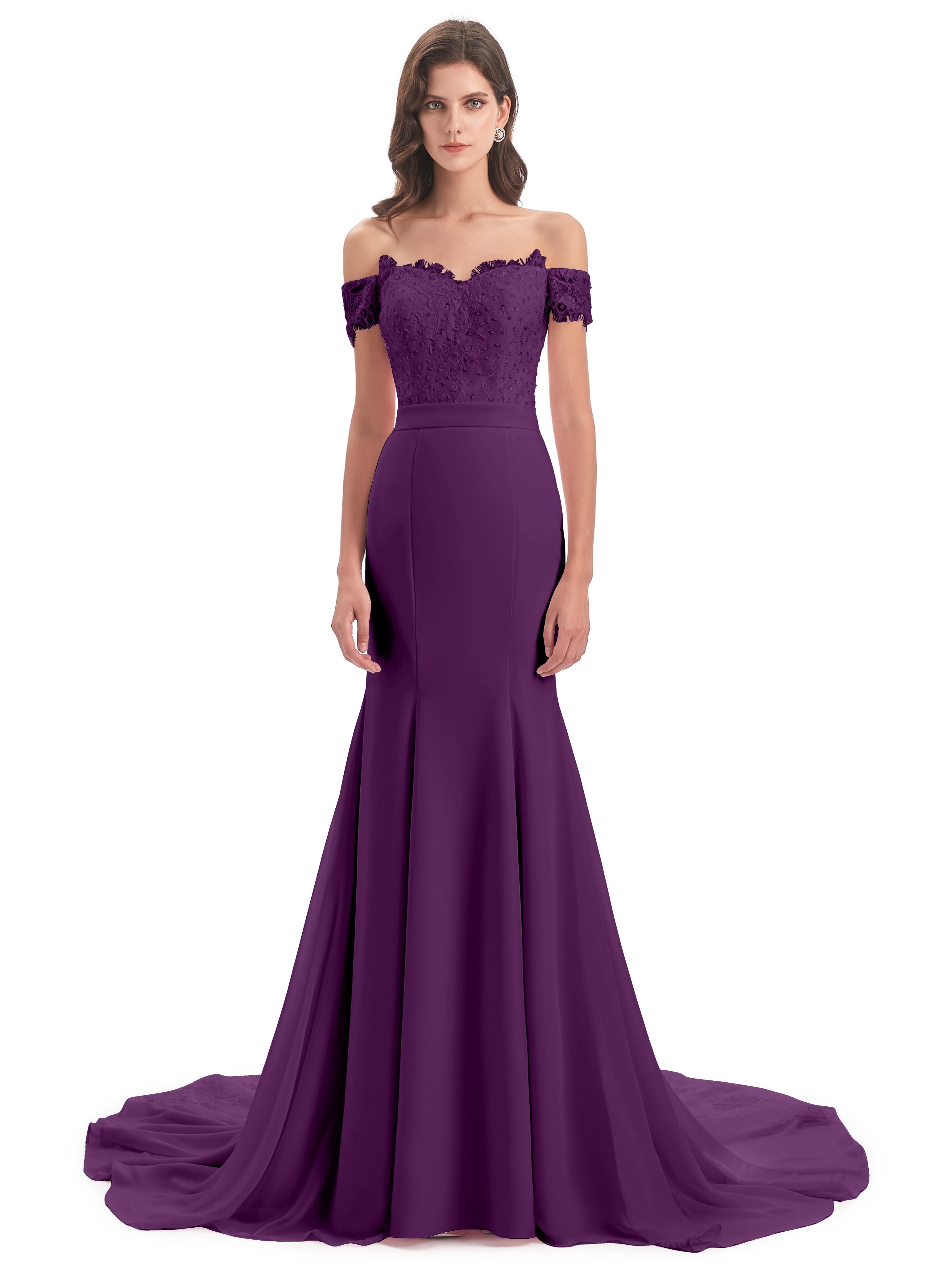 Robes De Demoiselle D'Honneur En Raisin Carlee Sirène Traîne Tribunal Hors-La-Épaule Robes Demoiselle D'Honneur