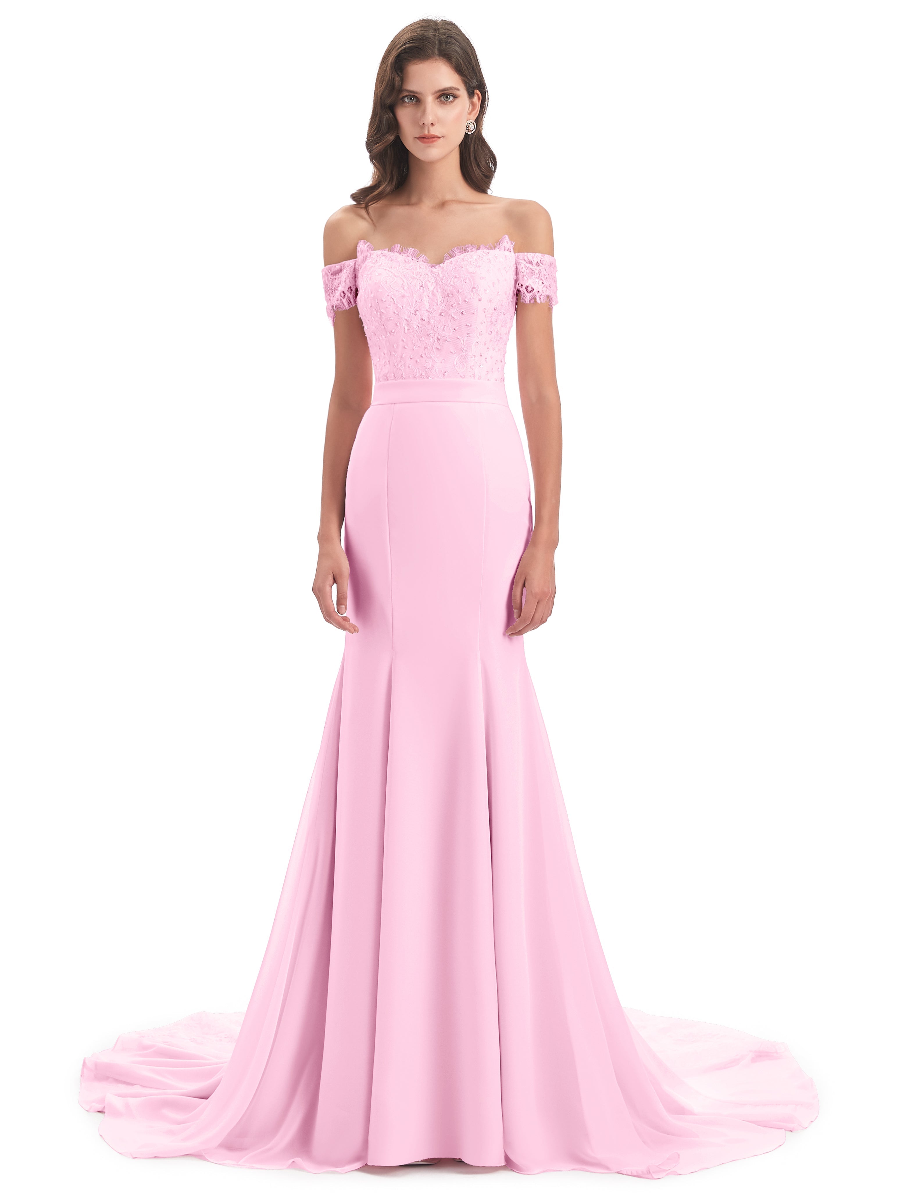 Robes De Demoiselle D'Honneur Rose Bonbon Carlee Sirène Traîne Tribunal Hors-La-Épaule Robes Demoiselle D'Honneur