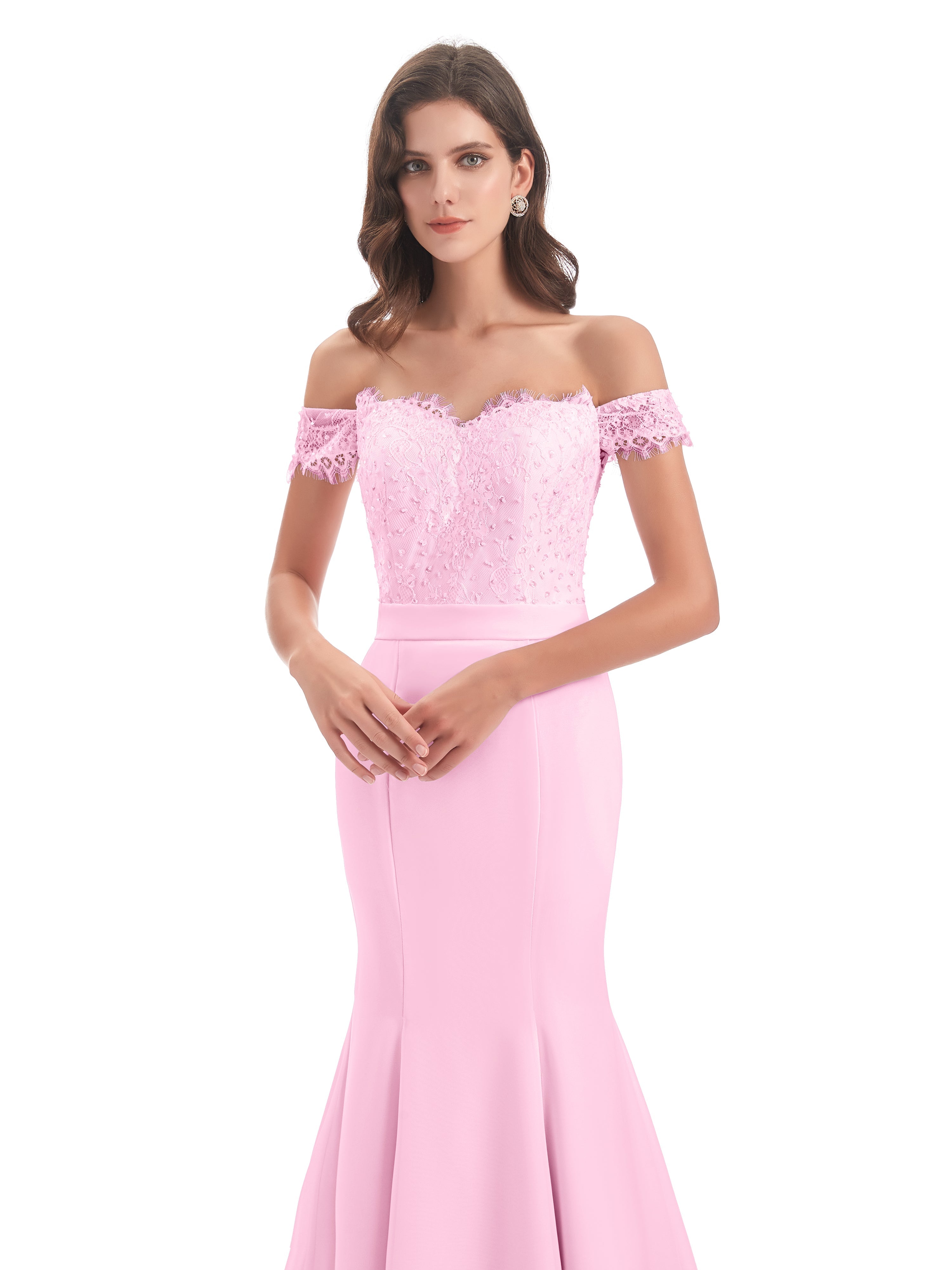 Robes De Demoiselle D'Honneur Rose Bonbon Carlee Sirène Traîne Tribunal Hors-La-Épaule Robes Demoiselle D'Honneur
