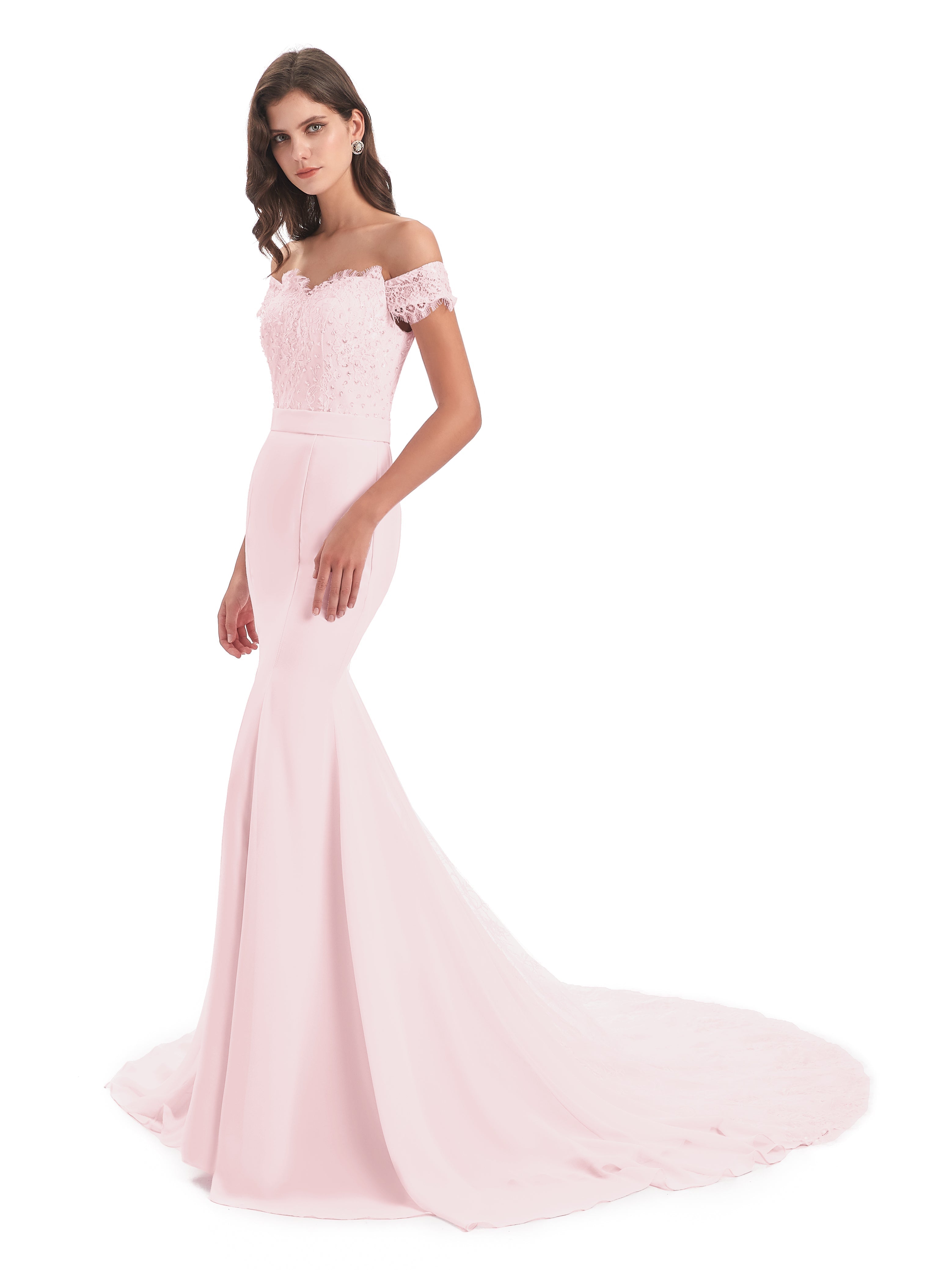 Robe Rose Pale Demoiselle D Honneur Carlee Sirène Traîne Tribunal Hors-La-Épaule Robes Demoiselle D'Honneur