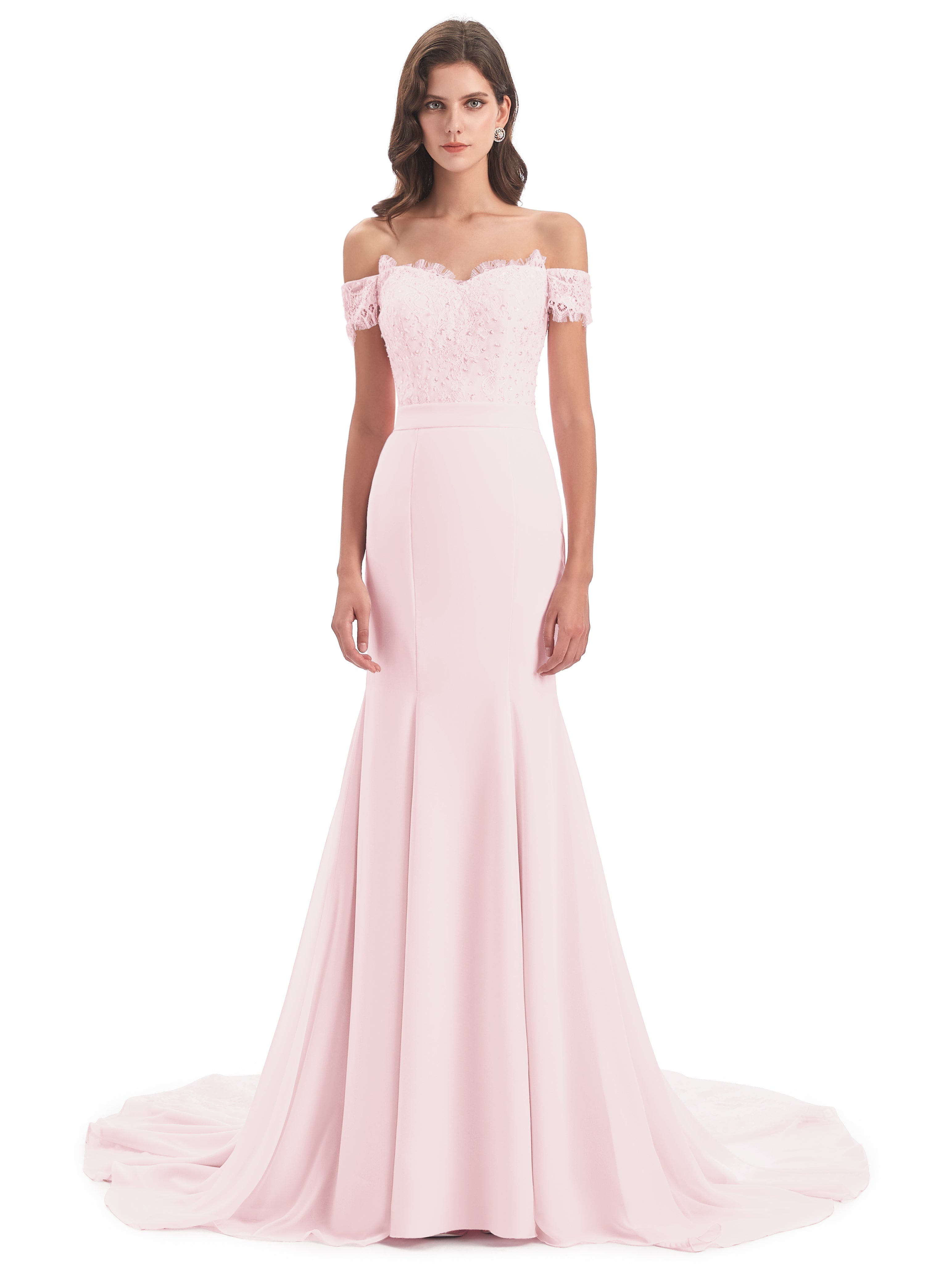 Robe Rose Pale Demoiselle D Honneur Carlee Sirène Traîne Tribunal Hors-La-Épaule Robes Demoiselle D'Honneur