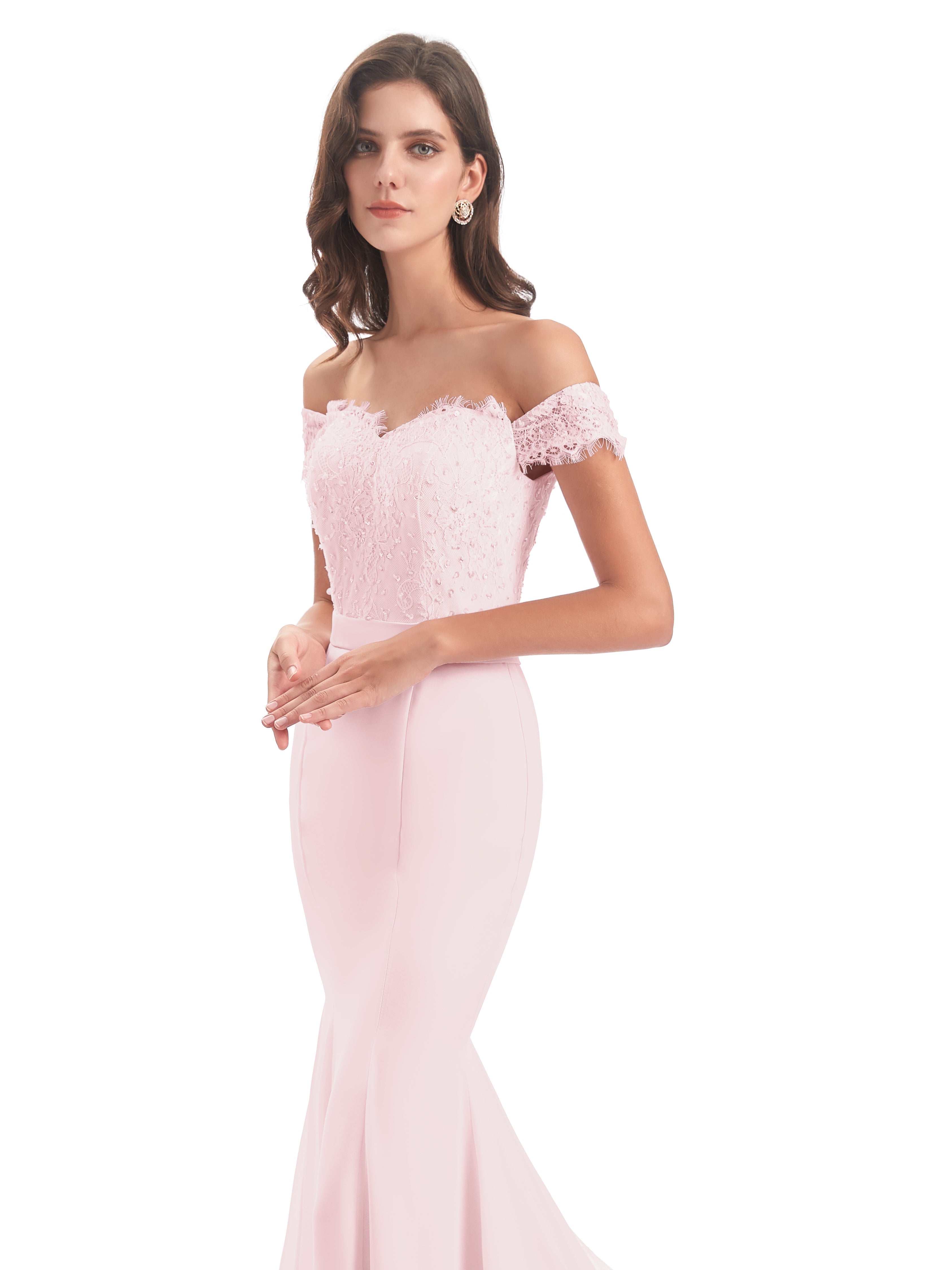 Robe Rose Pale Demoiselle D Honneur Carlee Sirène Traîne Tribunal Hors-La-Épaule Robes Demoiselle D'Honneur