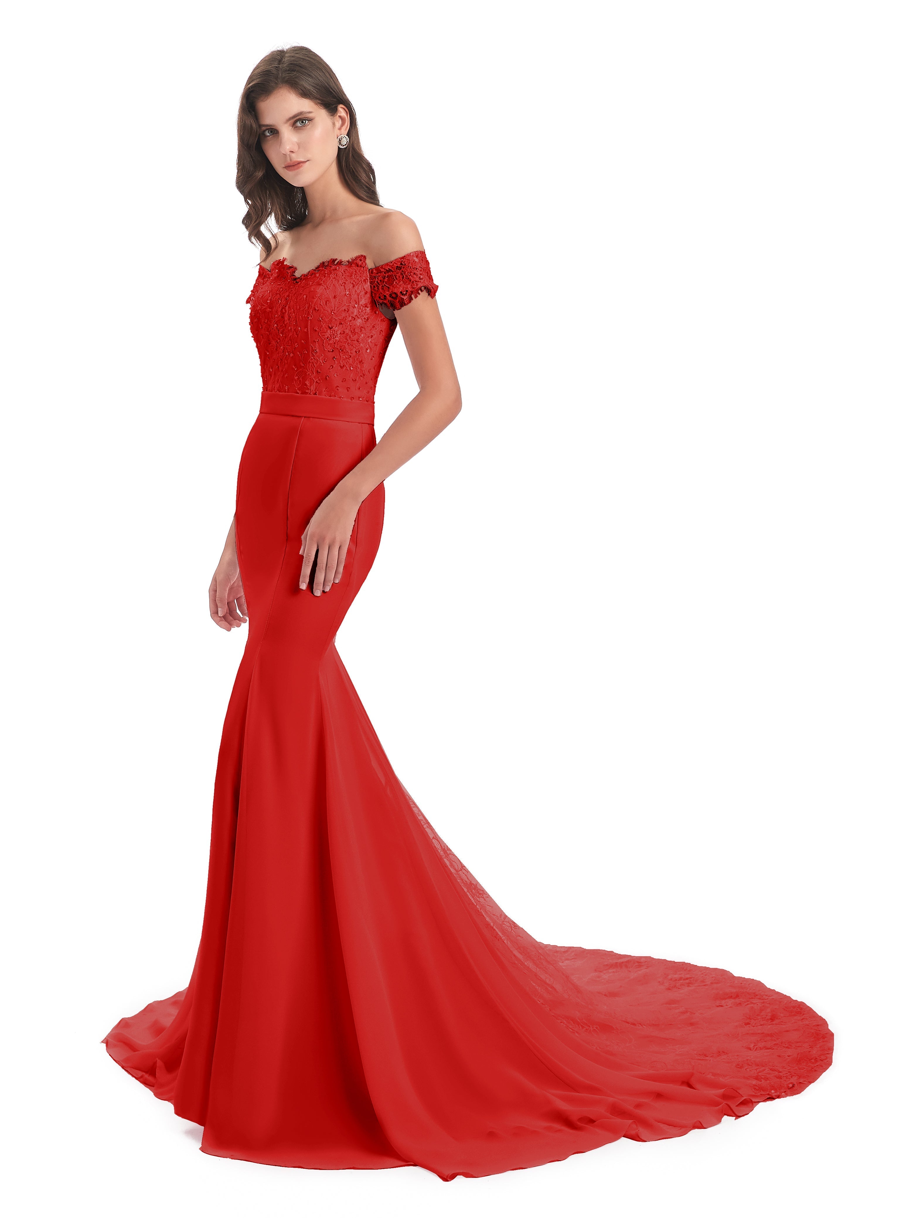 Robe De Demoiselle D Honneur Rouge Carlee Sirène Traîne Tribunal Hors-La-Épaule Robes Demoiselle D'Honneur