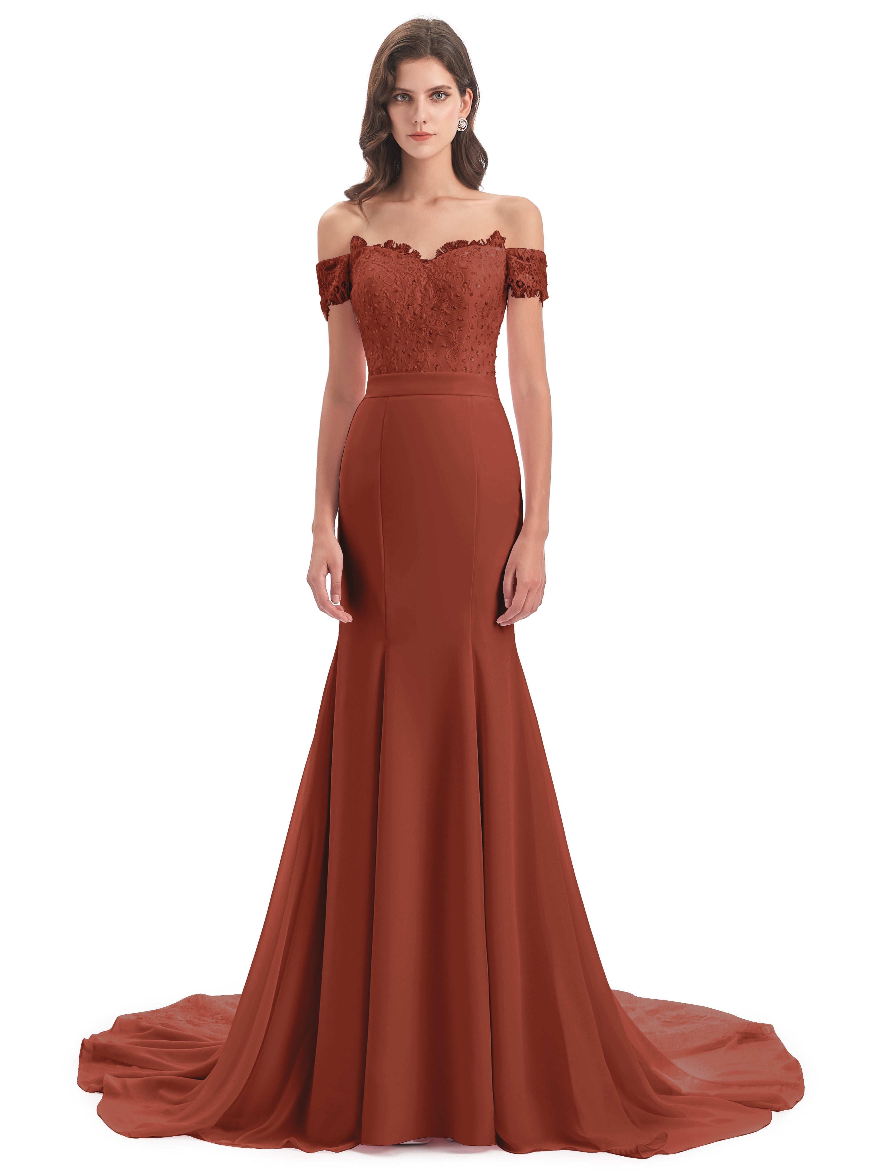 Demoiselle D'Honneur De Rouille Carlee Sirène Traîne Tribunal Hors-La-Épaule Robes Demoiselle D'Honneur