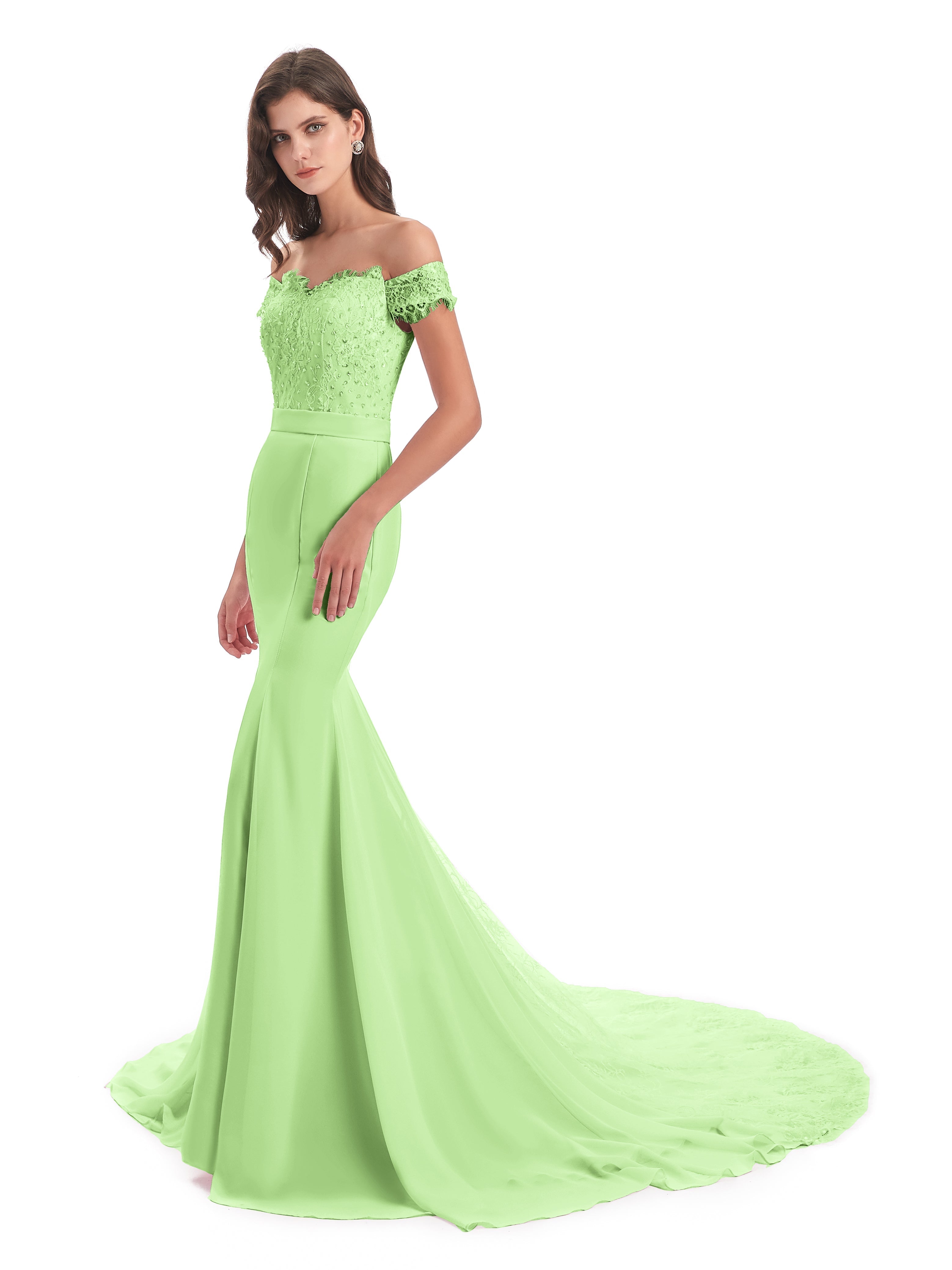 Robe Demoiselle D Honneur Vert Sauge Carlee Sirène Traîne Tribunal Hors-La-Épaule Robes Demoiselle D'Honneur