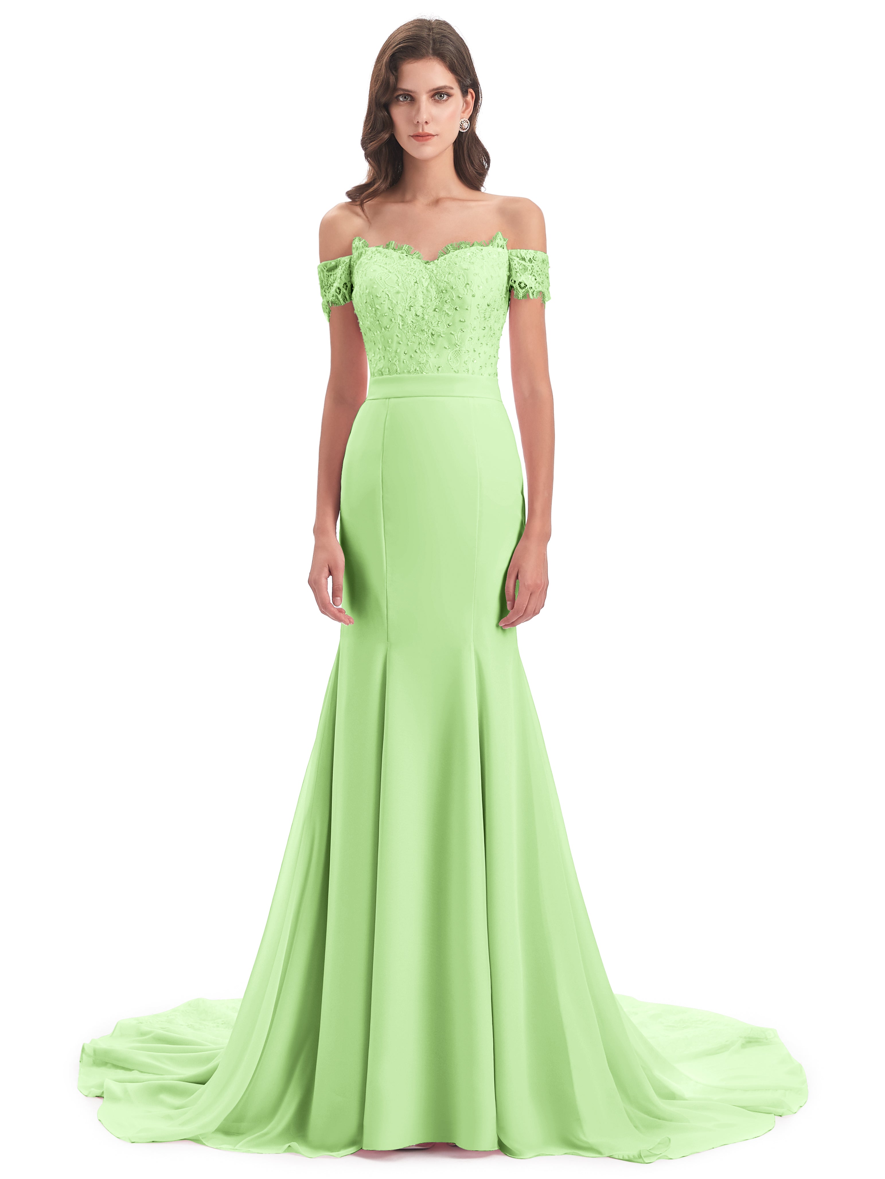 Robe Demoiselle D Honneur Vert Sauge Carlee Sirène Traîne Tribunal Hors-La-Épaule Robes Demoiselle D'Honneur