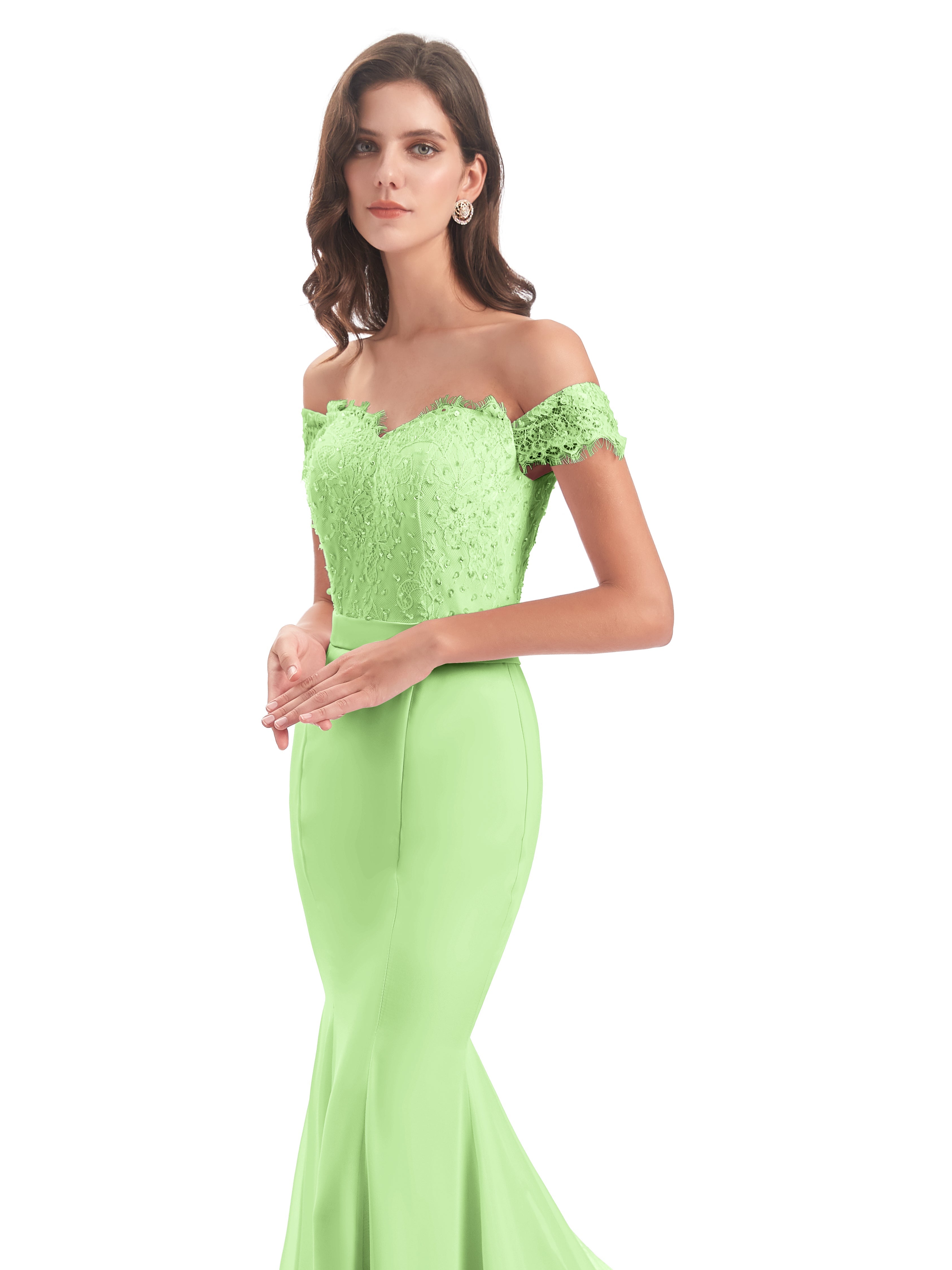 Robe Demoiselle D Honneur Vert Sauge Carlee Sirène Traîne Tribunal Hors-La-Épaule Robes Demoiselle D'Honneur