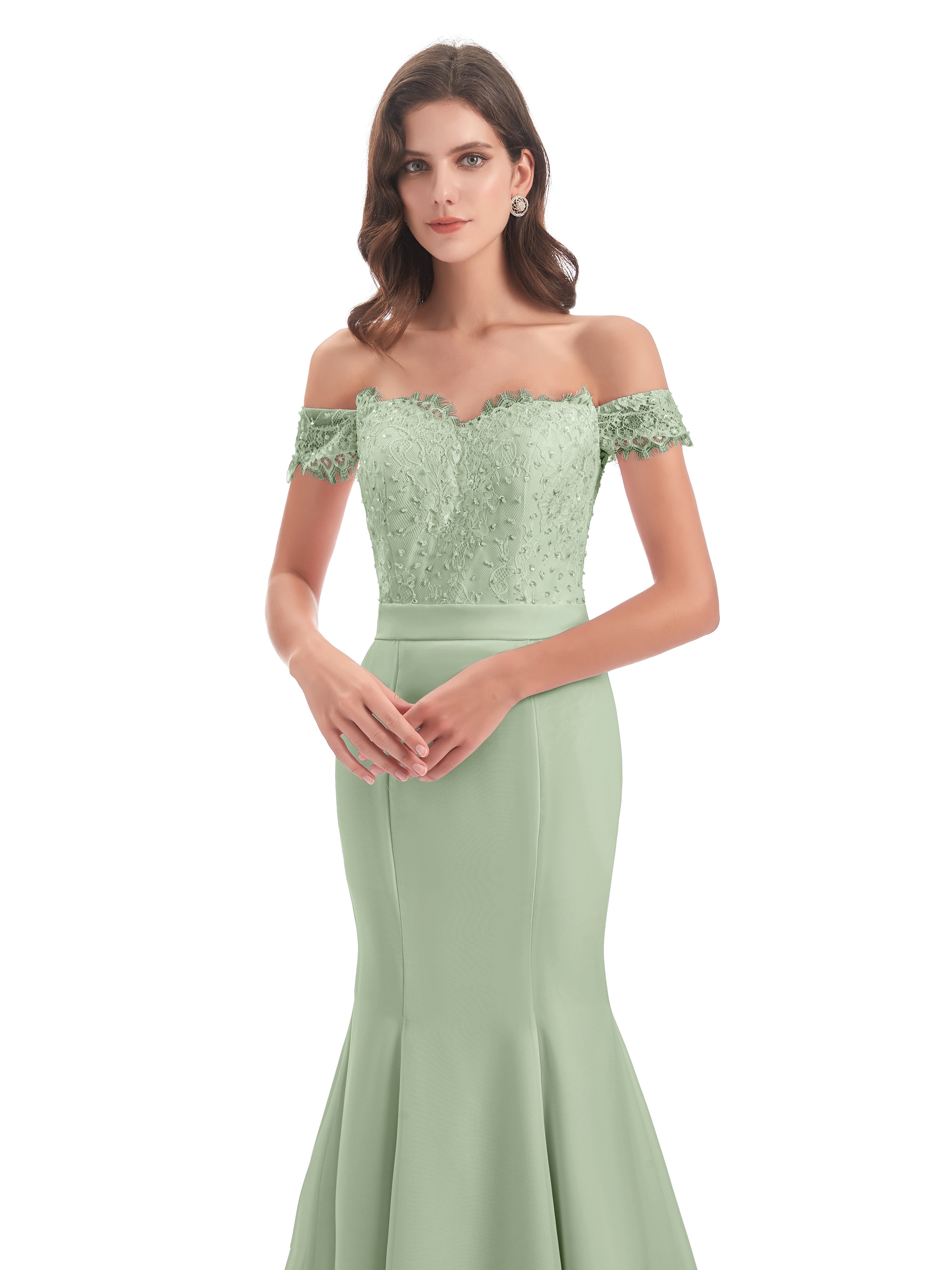 Robes De Demoiselle D'Honneur Couleur Sauge Poussiéreuse Carlee Sirène Traîne Tribunal Hors-La-Épaule Robes Demoiselle D'Honneur