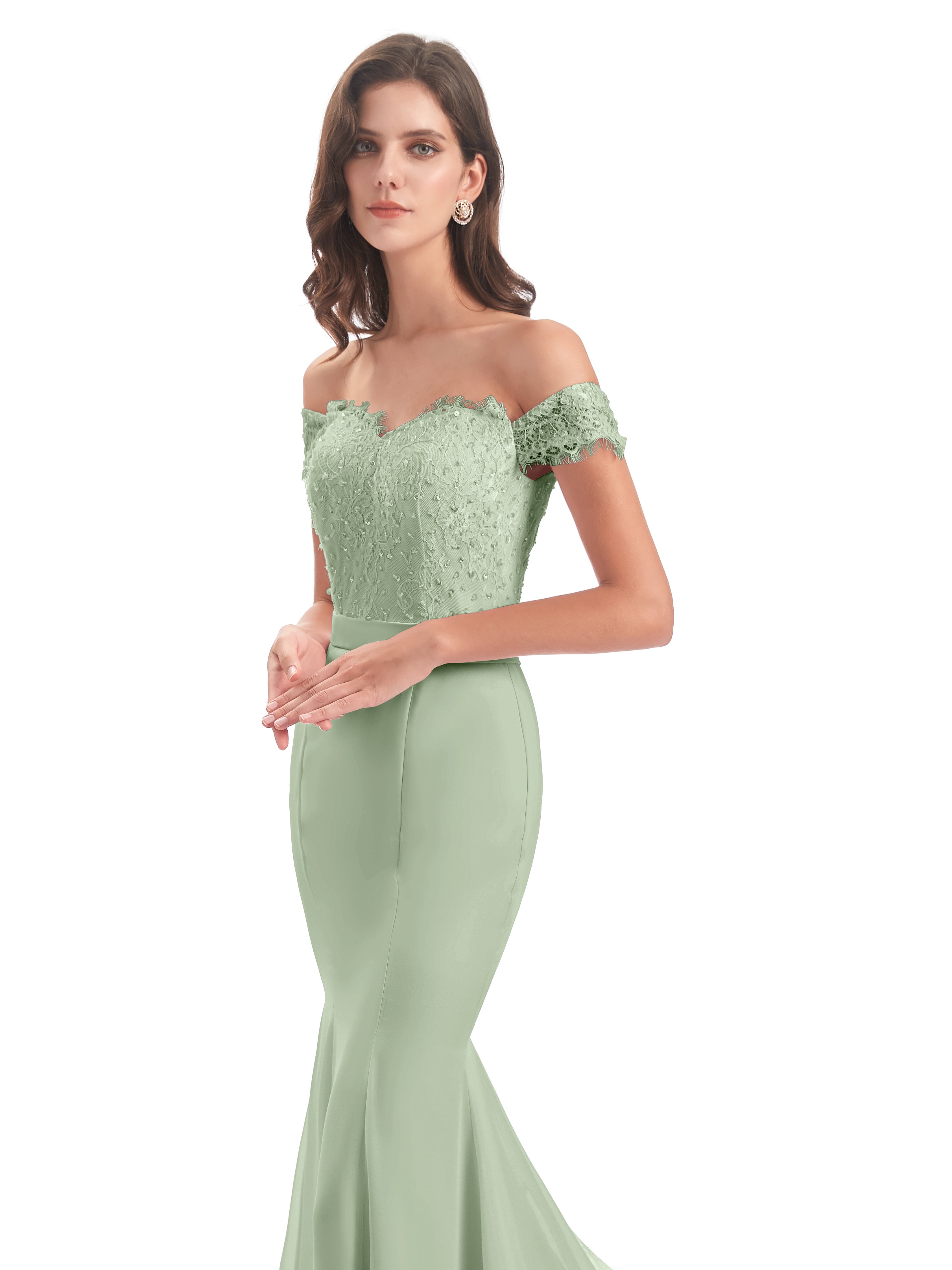 Robes De Demoiselle D'Honneur Couleur Sauge Poussiéreuse Carlee Sirène Traîne Tribunal Hors-La-Épaule Robes Demoiselle D'Honneur