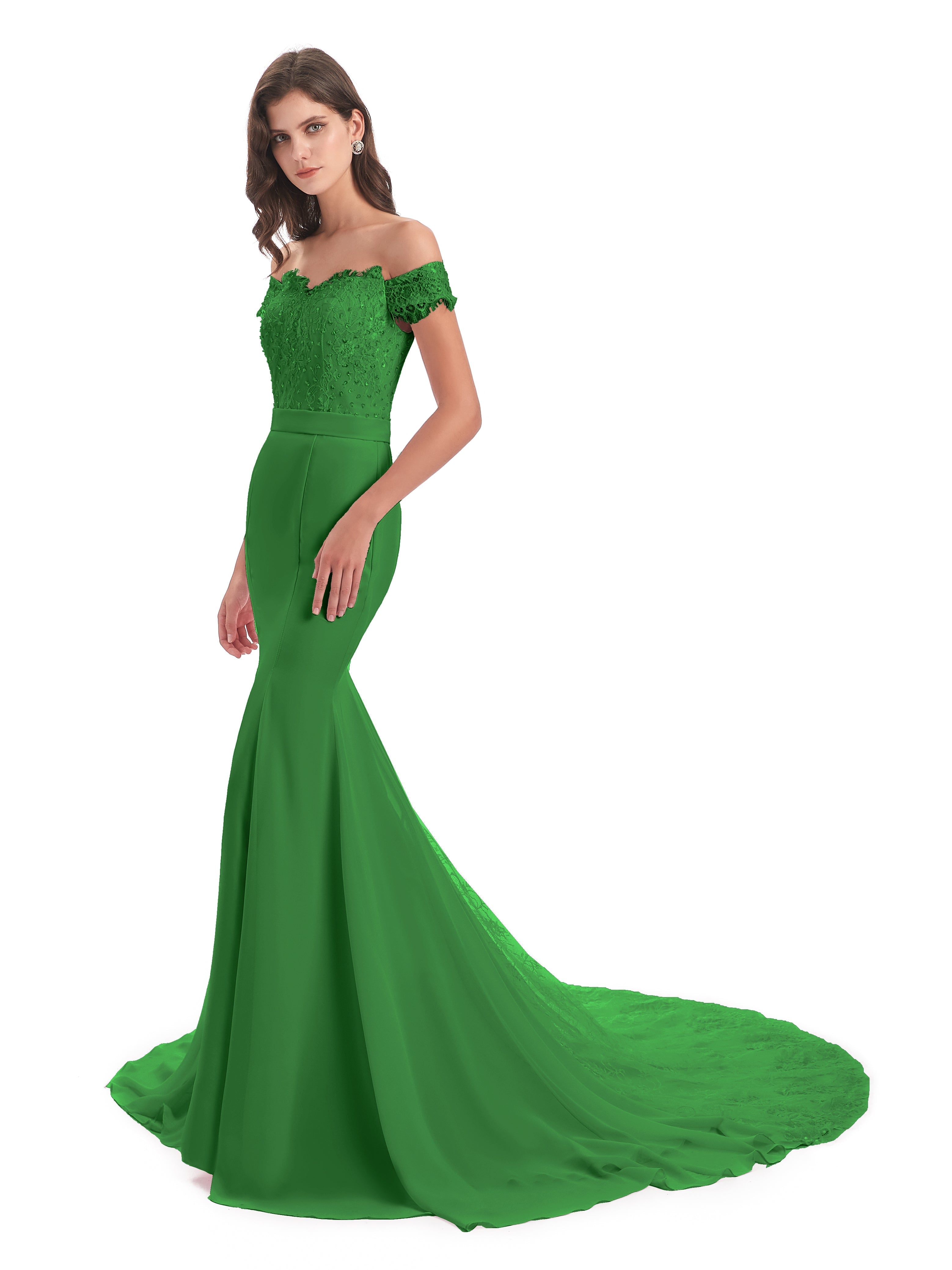 Robe Demoiselle D Honneur Vert Carlee Sirène Traîne Tribunal Hors-La-Épaule Robes Demoiselle D'Honneur