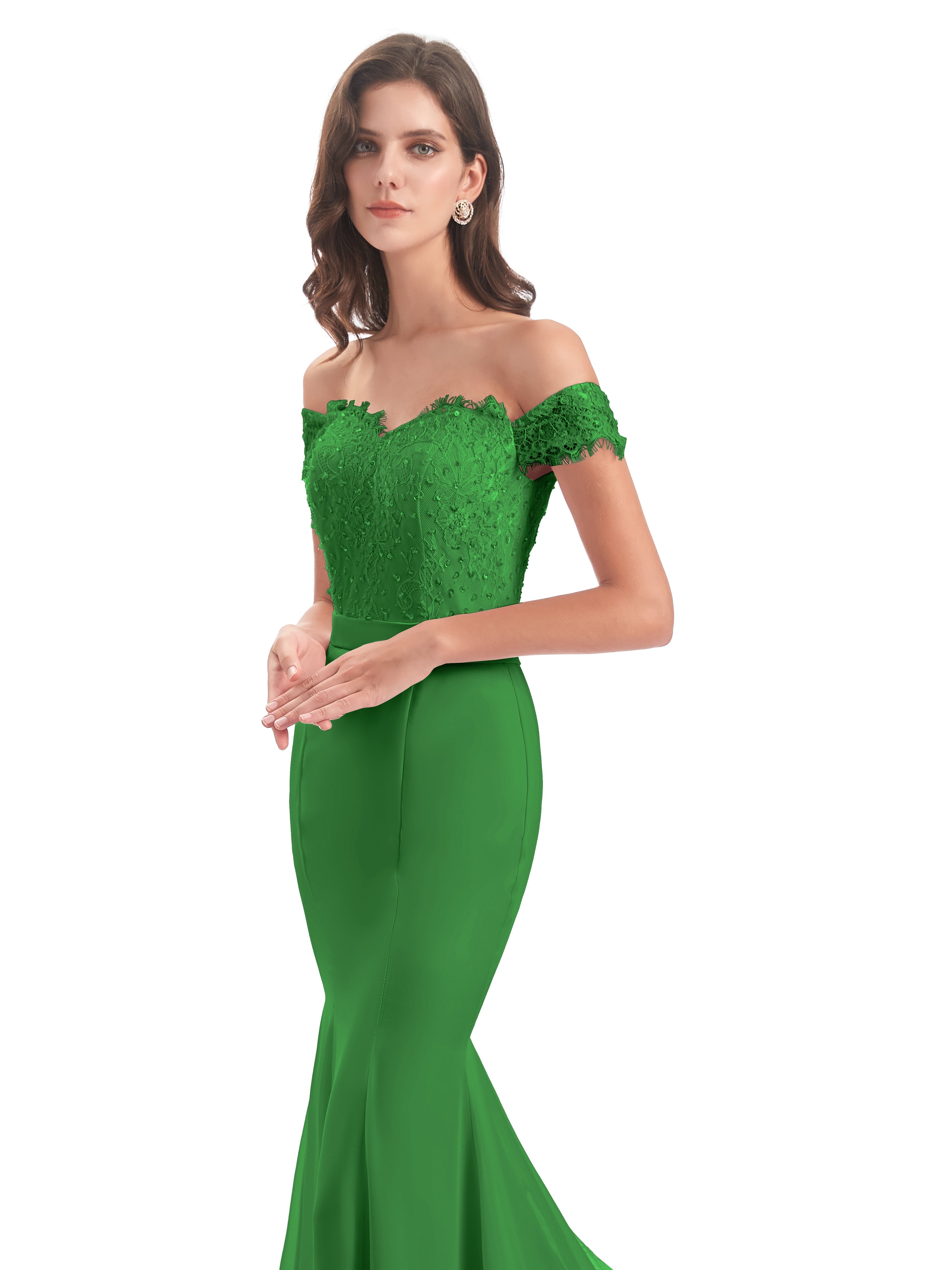 Robe Demoiselle D Honneur Vert Carlee Sirène Traîne Tribunal Hors-La-Épaule Robes Demoiselle D'Honneur