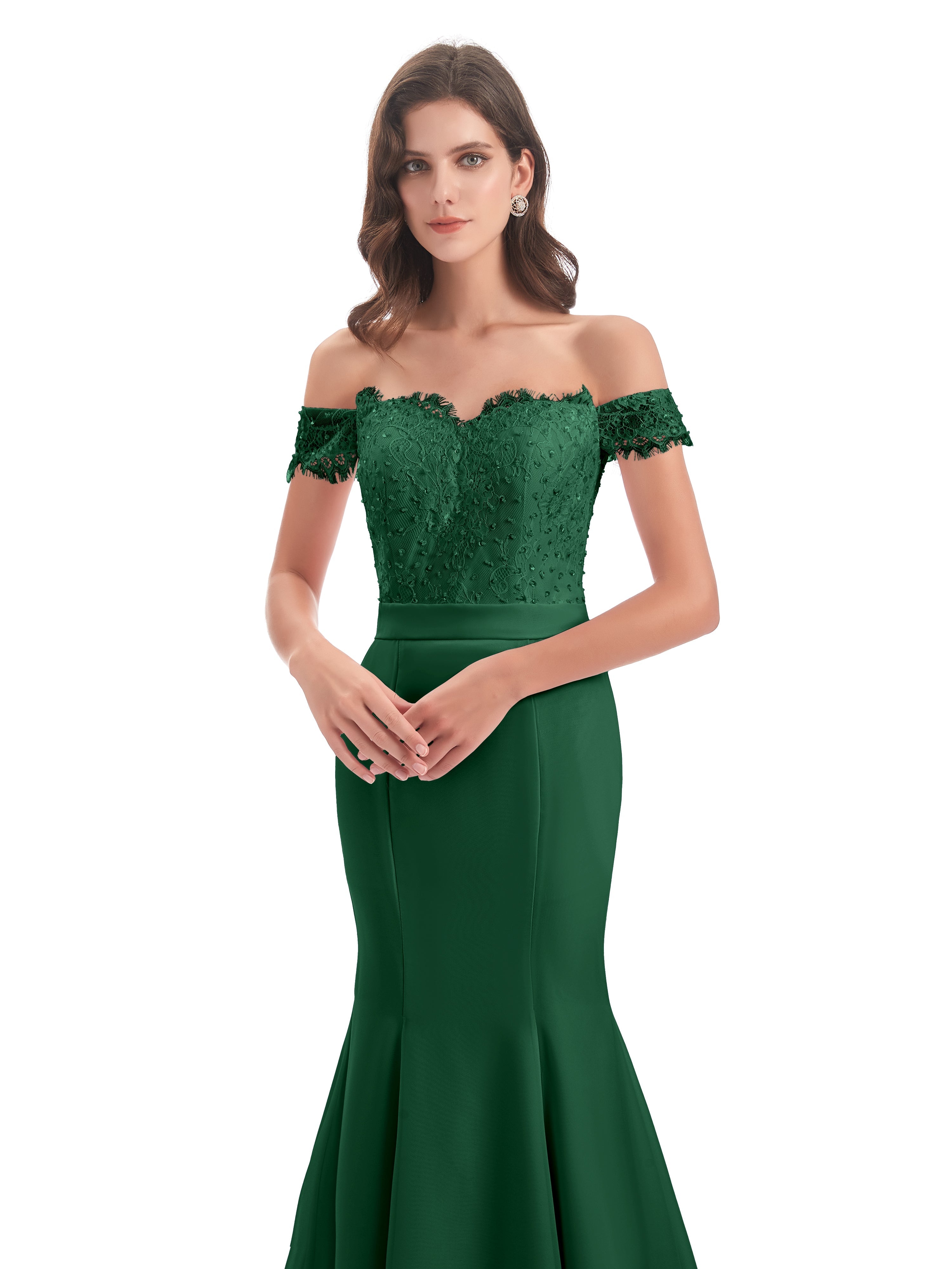 Demoiselle D'Honneur Vert Foncé Carlee Sirène Traîne Tribunal Hors-La-Épaule Robes Demoiselle D'Honneur