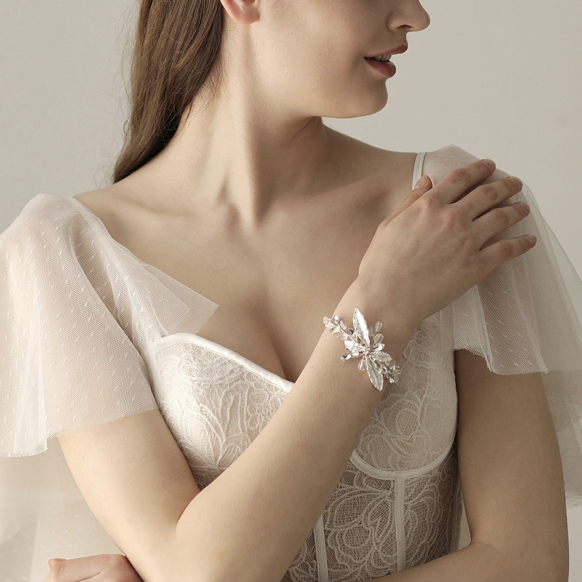 Argent Feuilles Cristal Corsage de Poignet Mariage