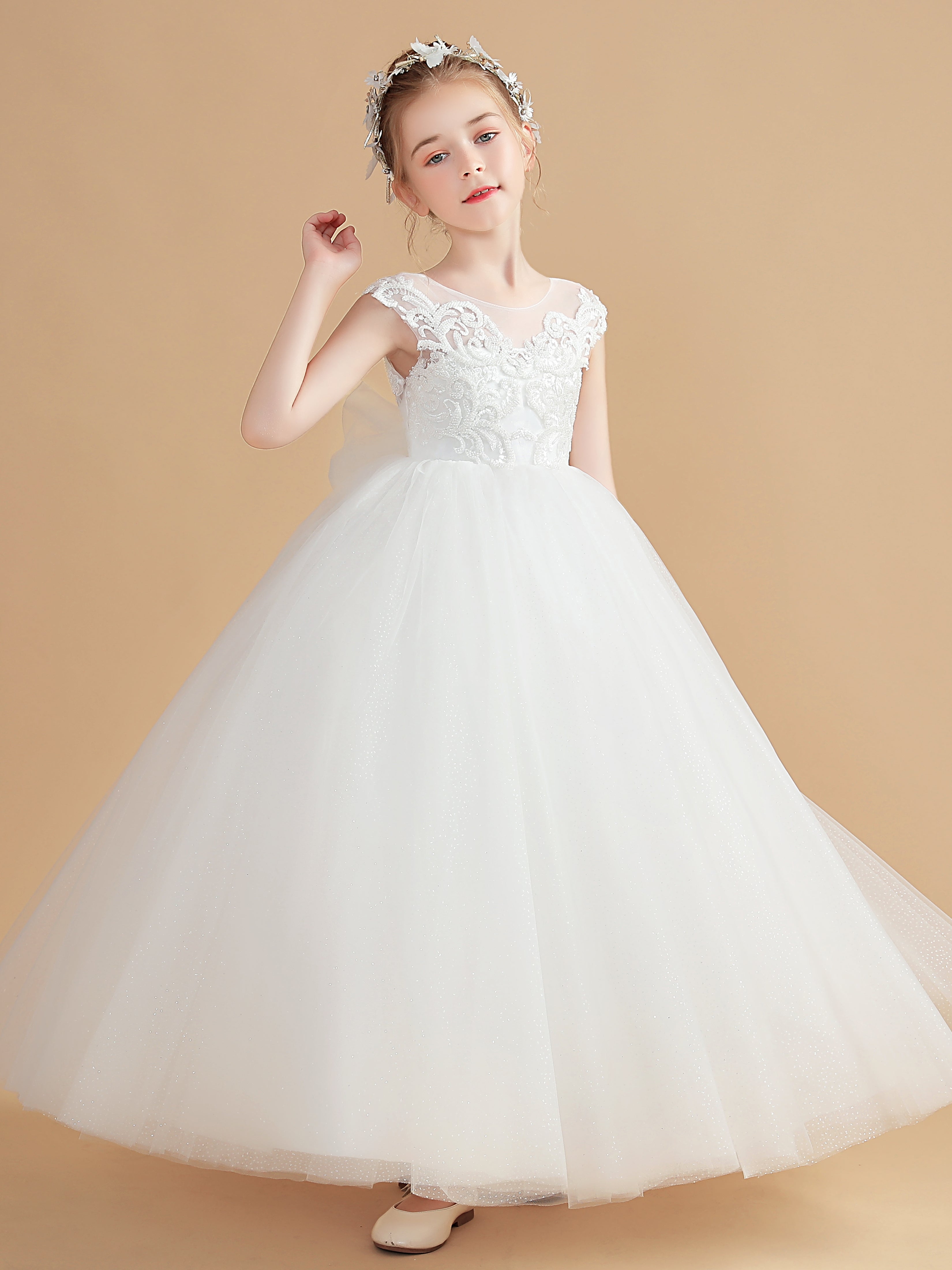 Bateau Dos en V Nœud Papillon Tulle Robe Fille