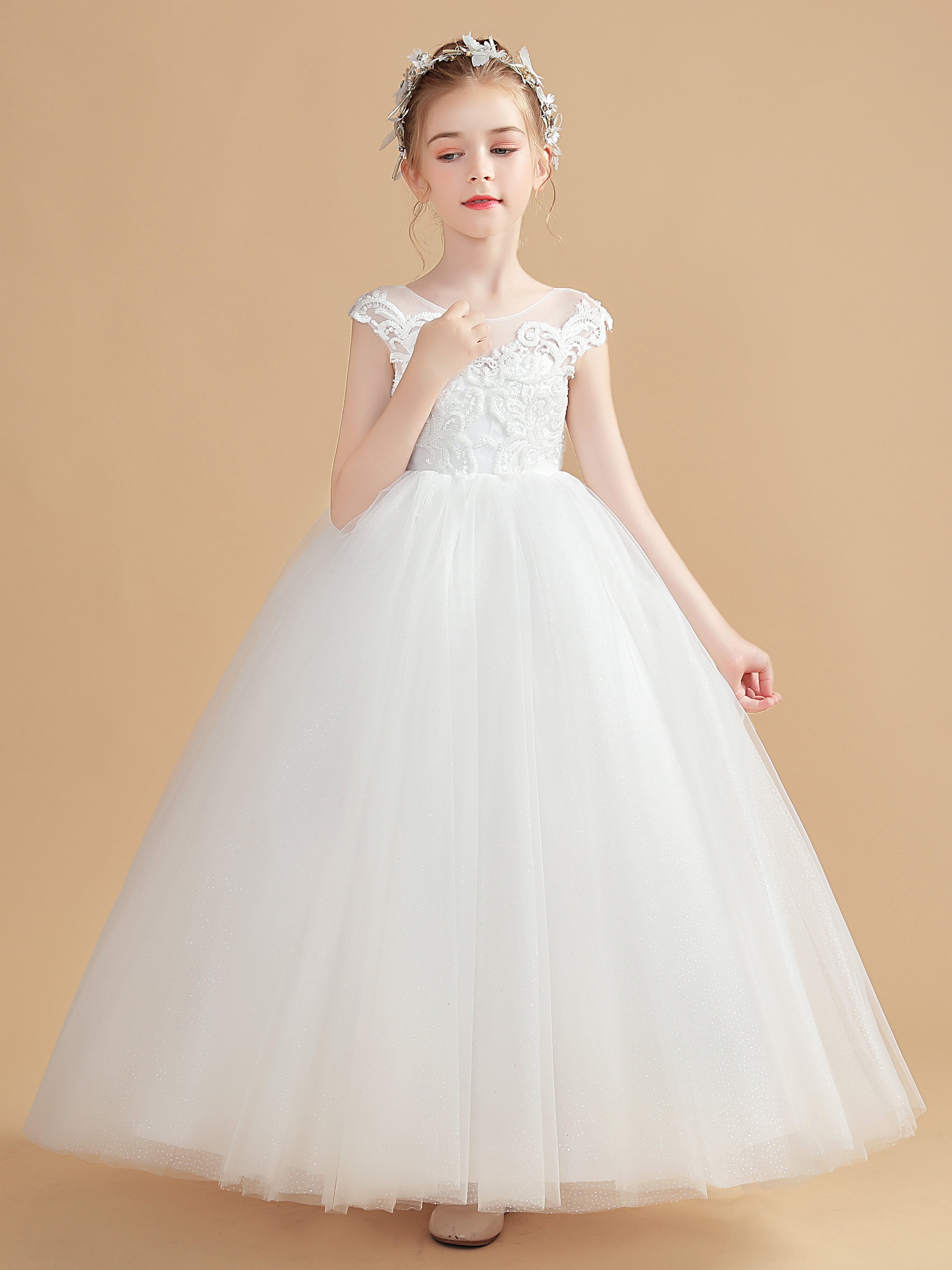 Bateau Dos en V Nœud Papillon Tulle Robe Fille