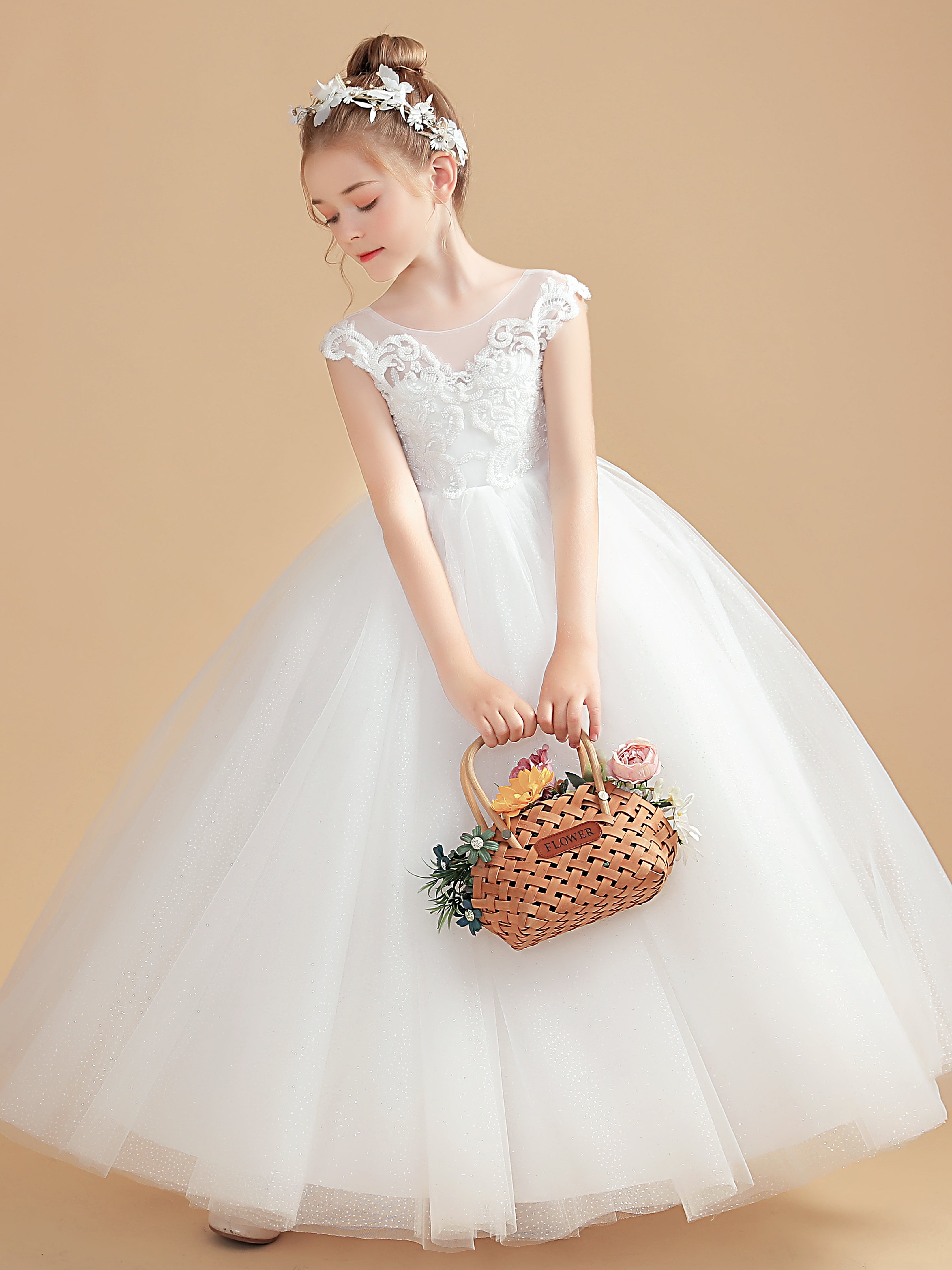 Bateau Dos en V Nœud Papillon Tulle Robe Fille