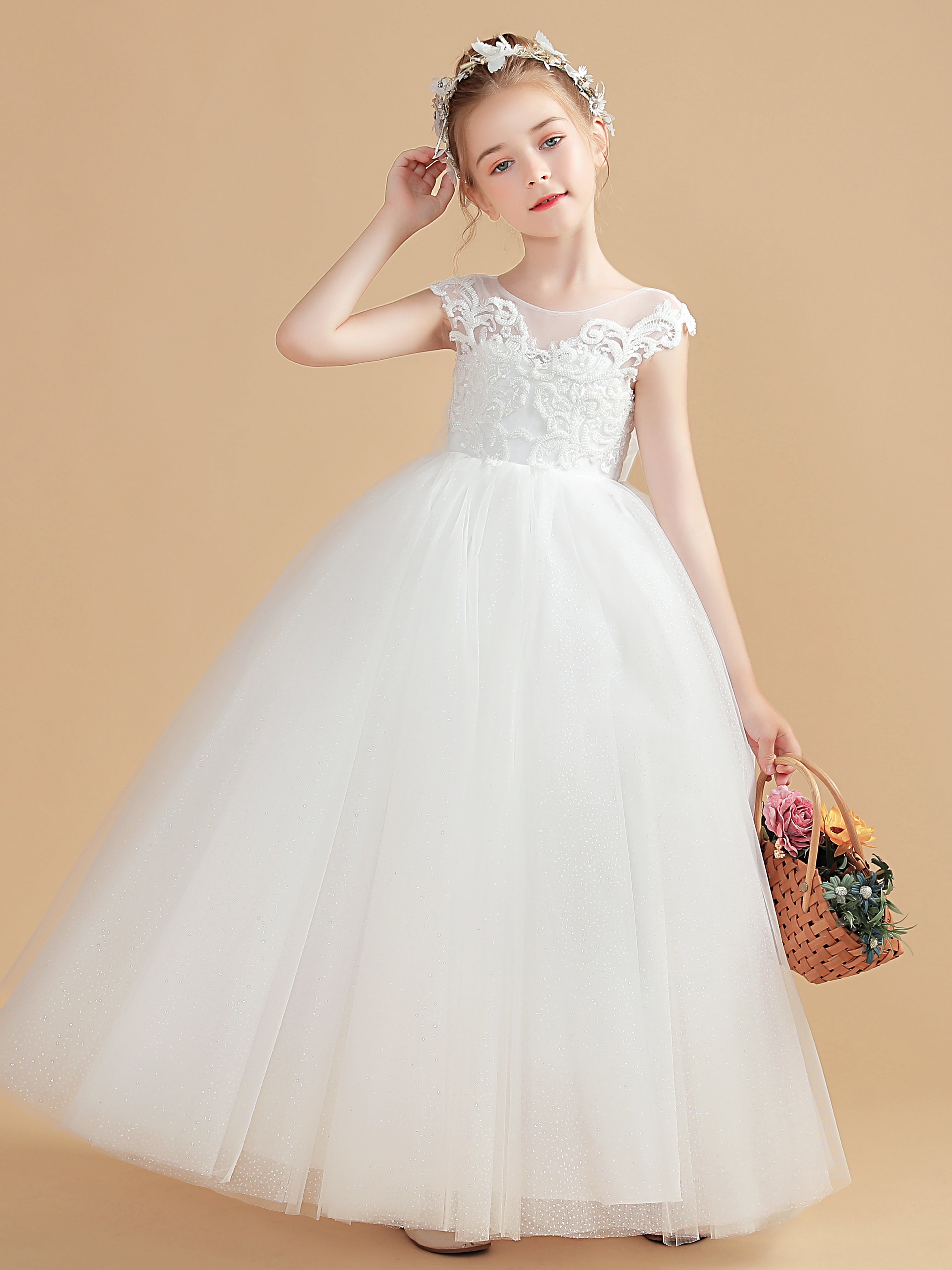 Bateau Dos en V Nœud Papillon Tulle Robe Fille