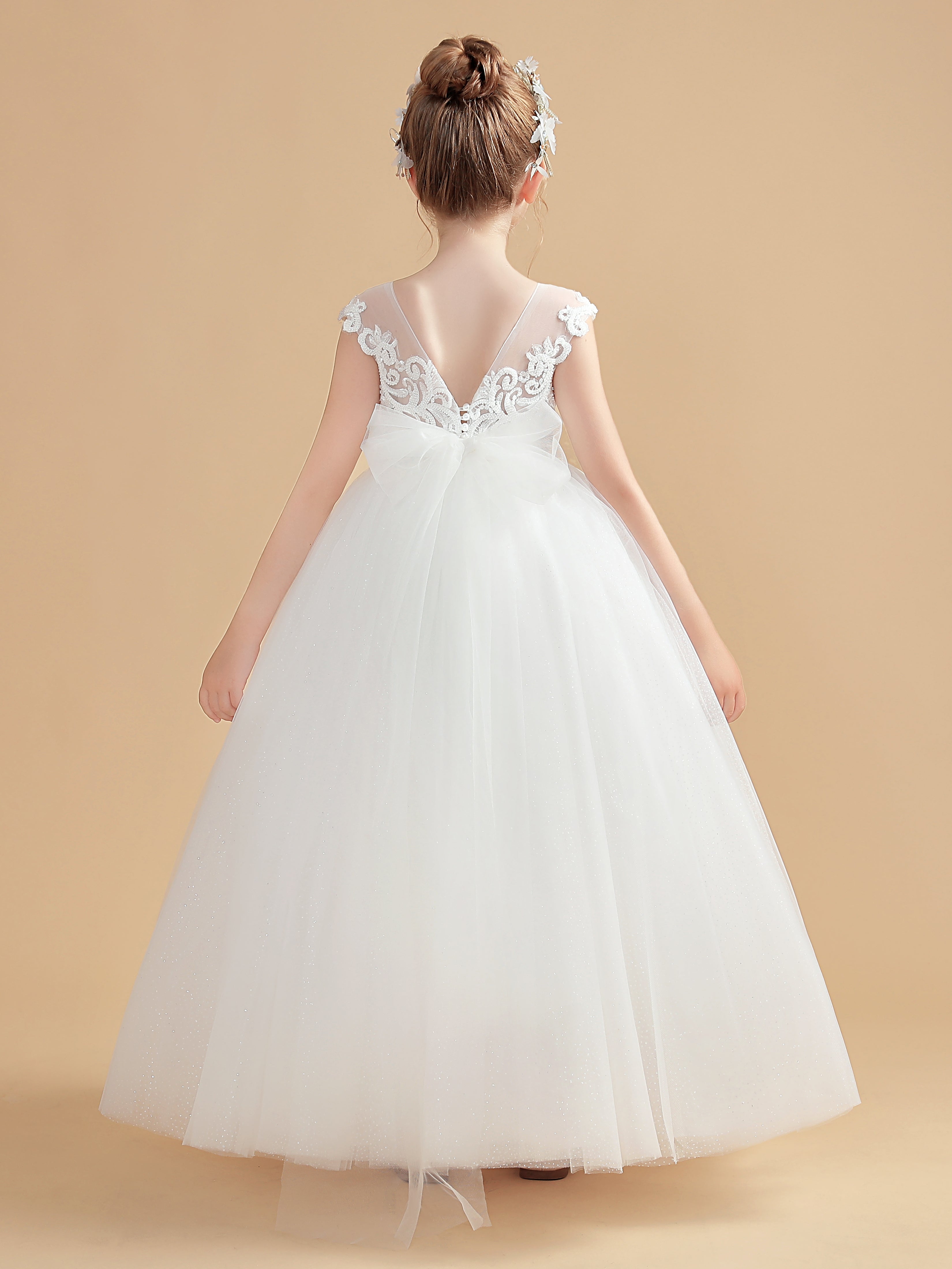 Bateau Dos en V Nœud Papillon Tulle Robe Fille