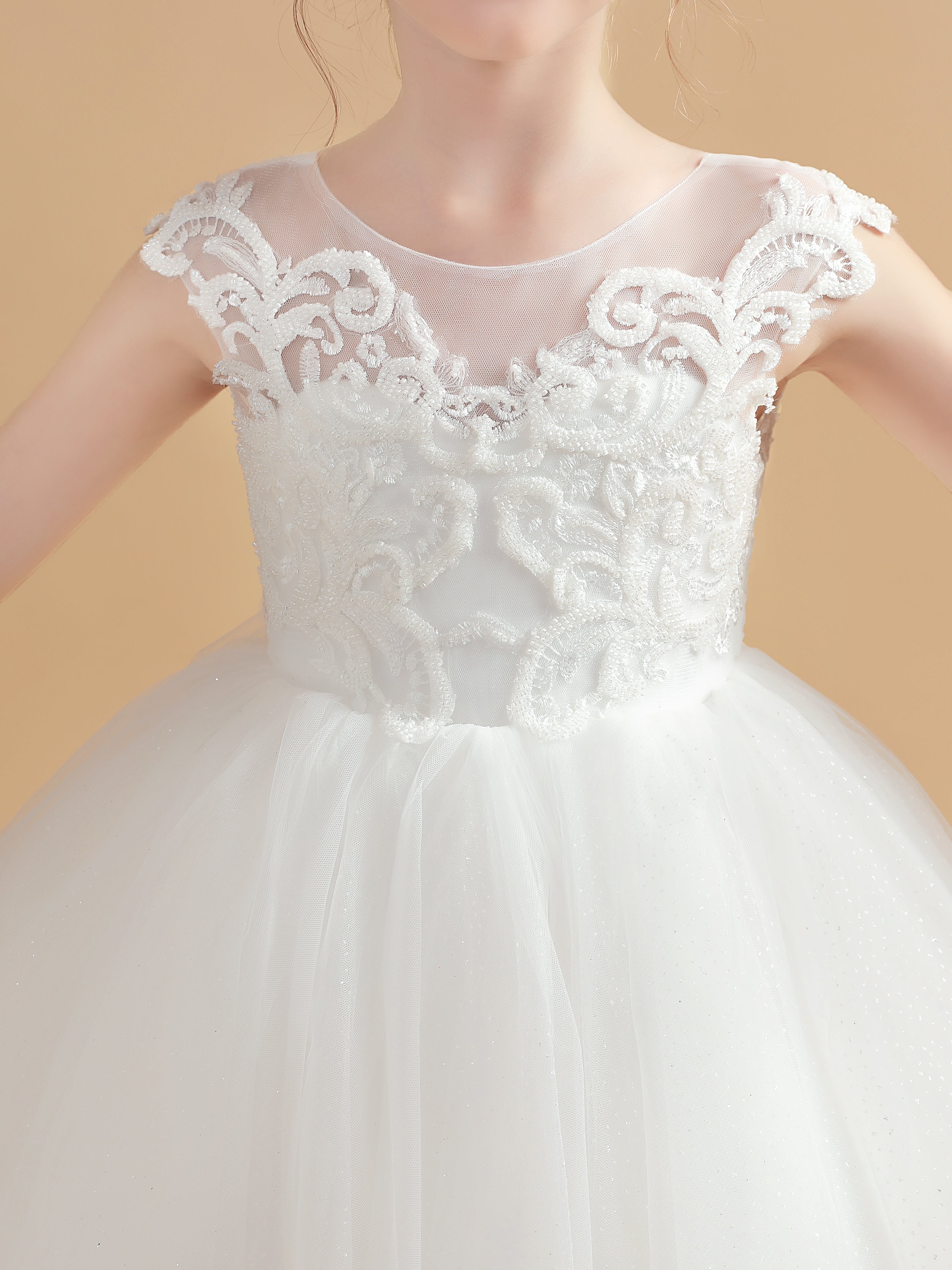 Bateau Dos en V Nœud Papillon Tulle Robe Fille