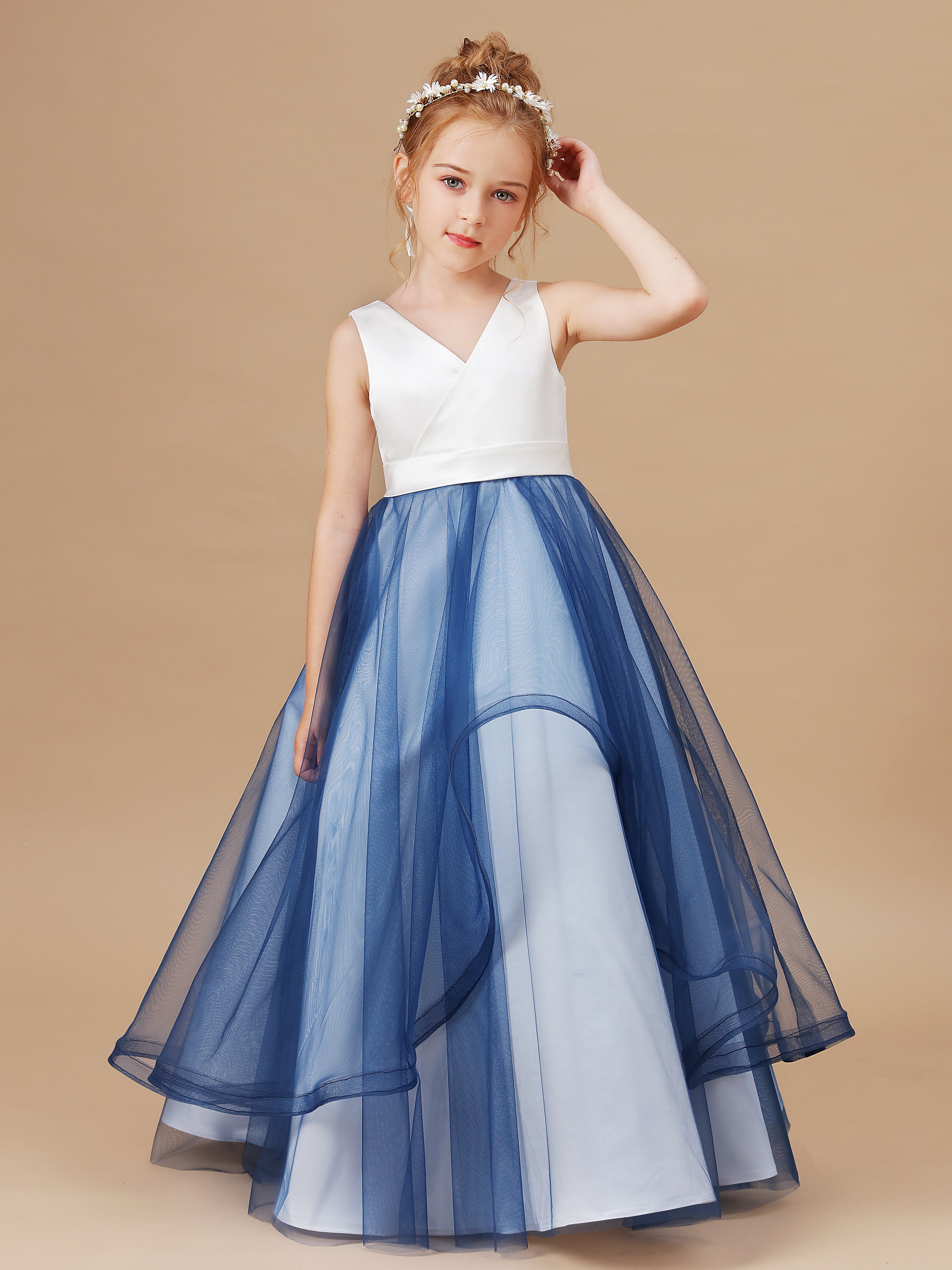 Col V Longue Mariage Satin Tulle Robe Fille - Main Image