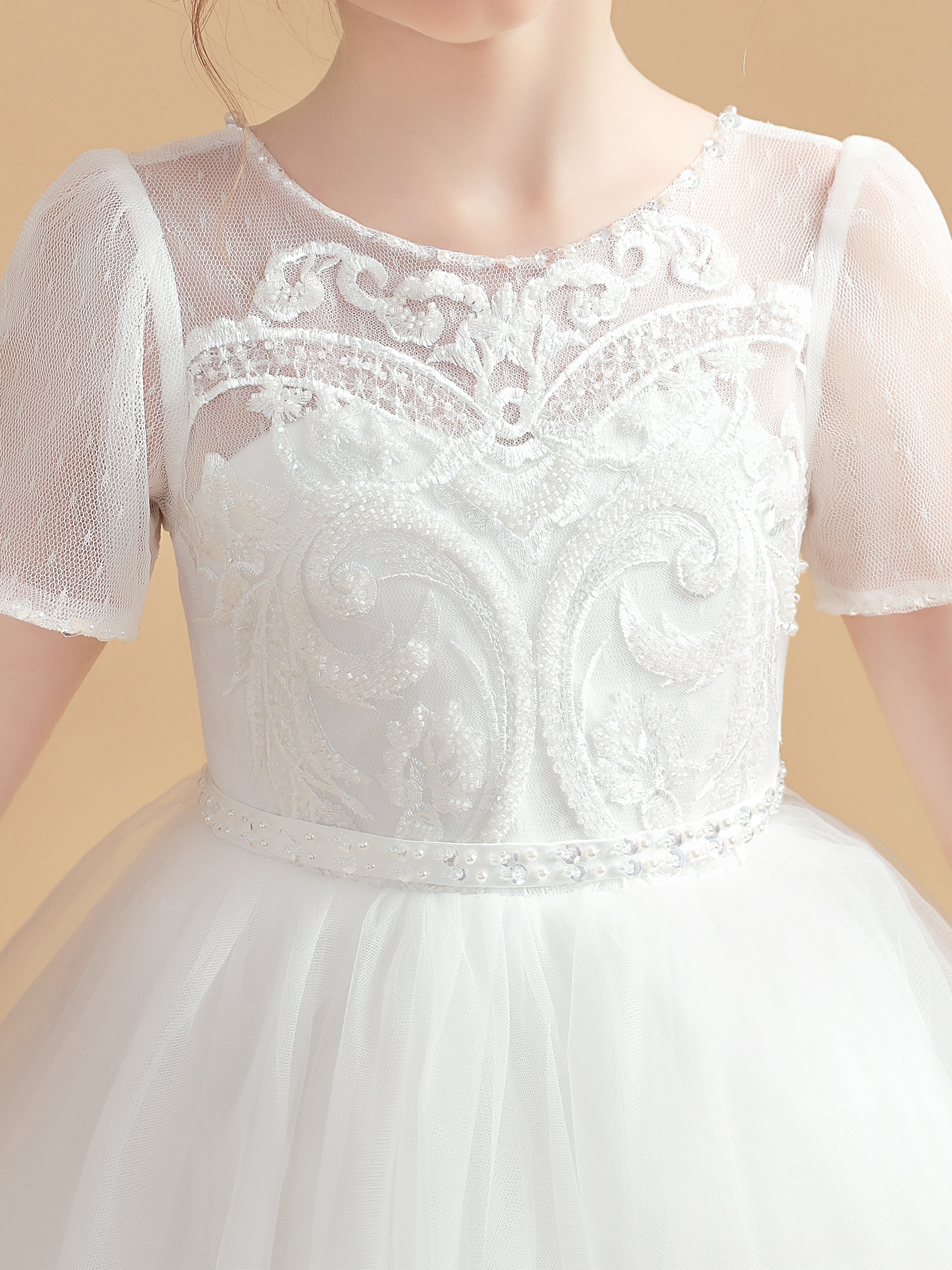 Dentelle Appliques Manches Courtes Tulle Longue Robe Fille